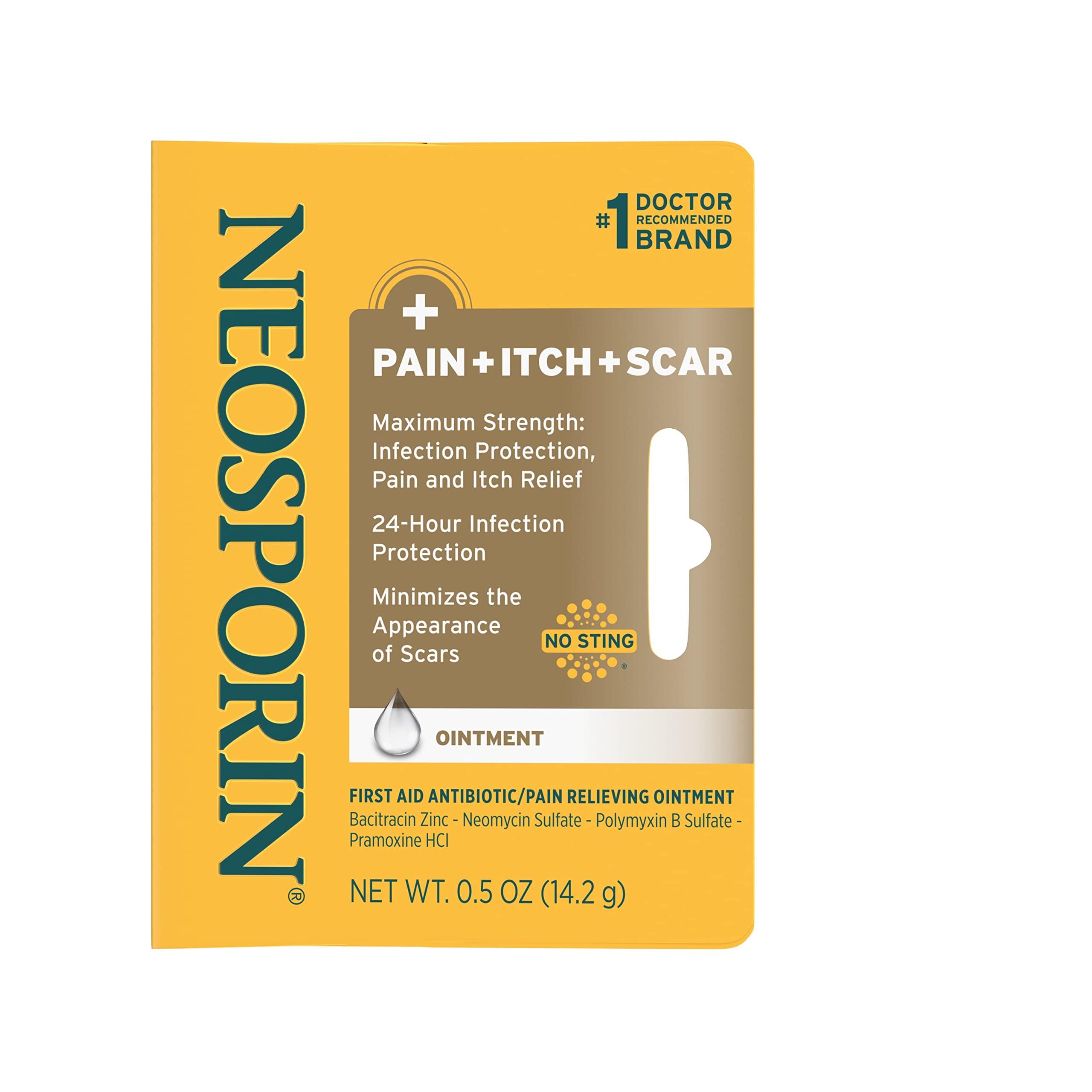 Neosporin Neosporin Antibiotic Pain-Relieving, Anti-Itch, & Scar Appearance Minimizer Ointment with Neomycin & Bacitracin Zinc, 24-Hour Infection Protection for Minor Cuts, Scrapes & Burns,.5 oz