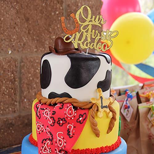 PANHUI Our First Rodeo Cake Topper, Gold Glitter Western Wild Themed Cake Decor,Twins Baby Shower Cowboys/Cowgirls 1st Birthday Party Decoration