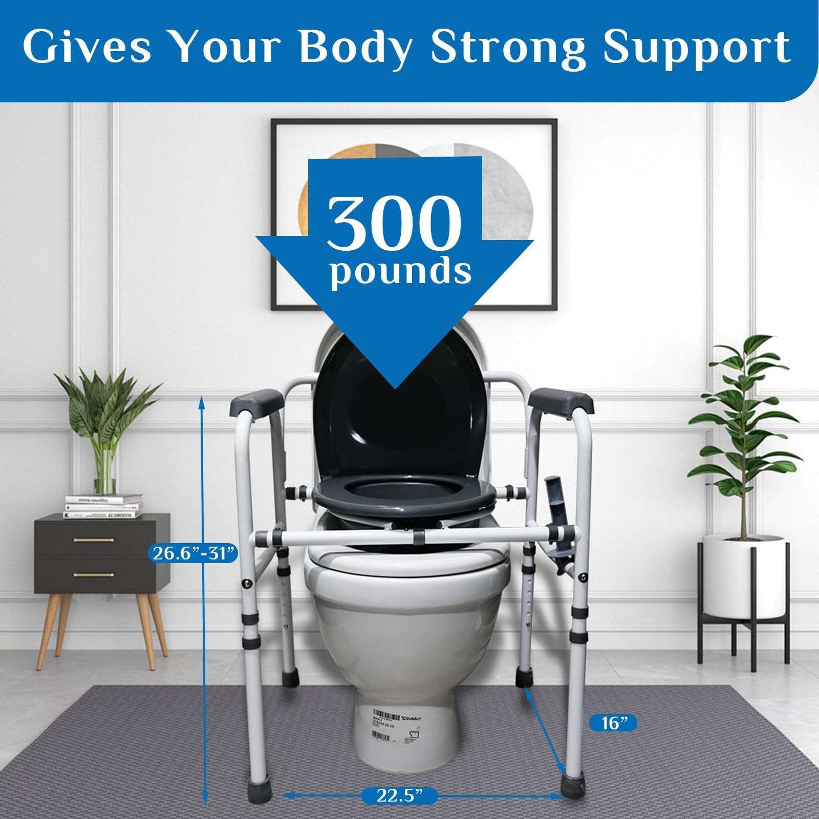 JumboTIGER 3-in-1 Steel Adjustable Bedside Commode,Portable Toilet for Adults 8 Quart,300 lb Weight Capacity Portable Potty,Toilet Seat with Safety Frame, Easy Cleaning, Tool-Free Assembly, Padded Arms,Gray