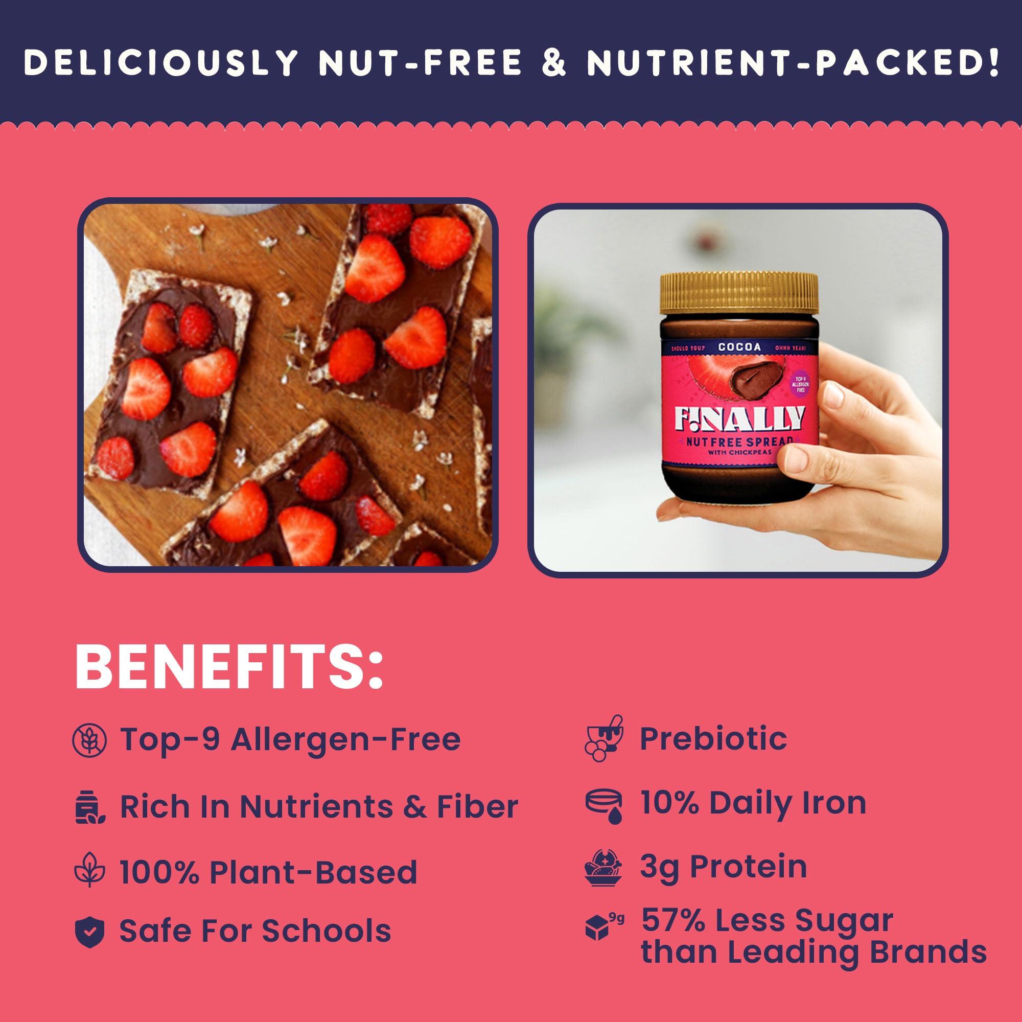 Finally! Finally Nut-Free Cocoa Spread | Allergen-Free Chocolate Spread with 50% Less Sugar than Leading Brands | Made with Chickpeas | Nut-Free, Plant-Based, Vegan | Gluten-Free, Dairy-Free, Soy-Free | School-Safe | 3g Protein | 12 oz