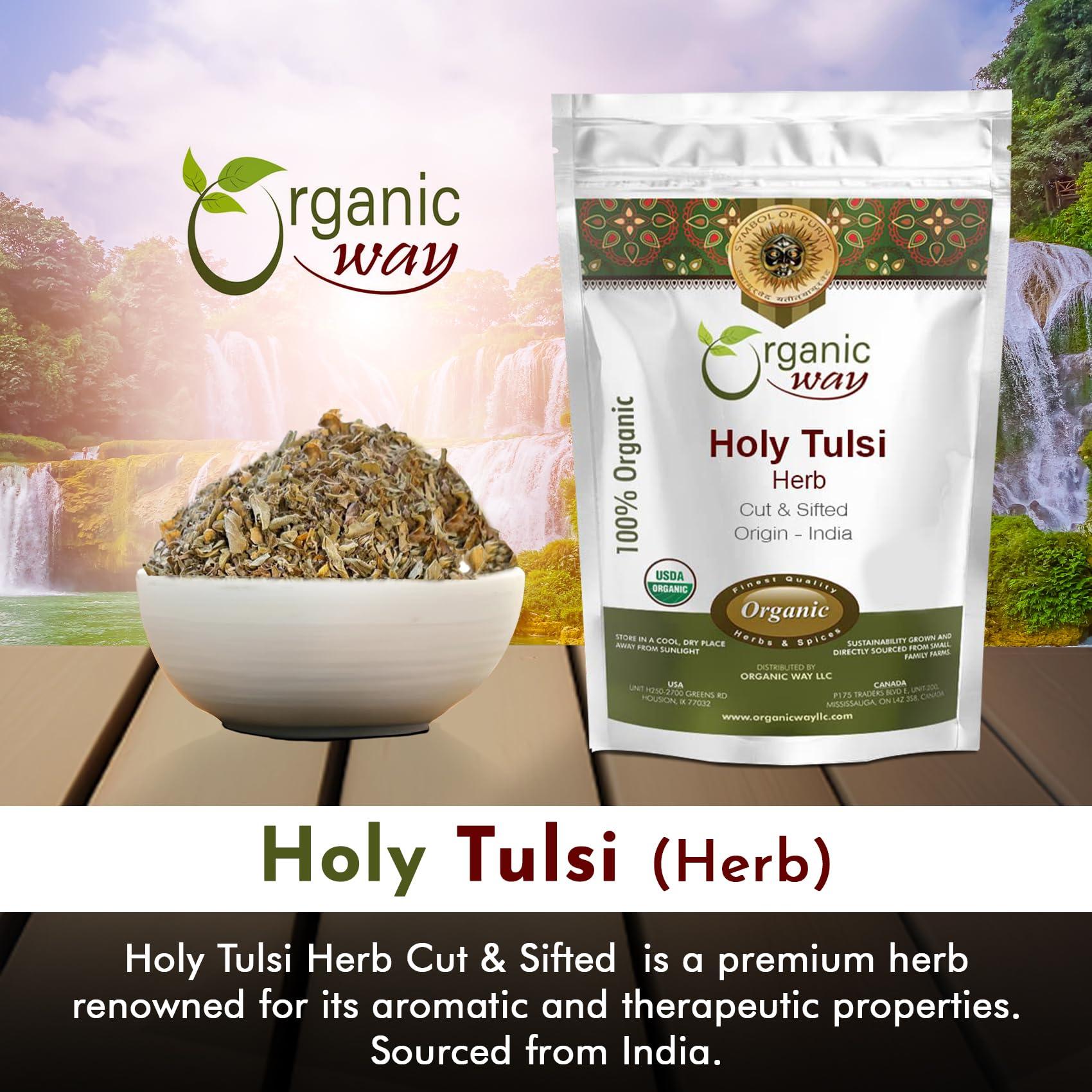 Organic Way Organic Way Holy Tulsi / Holy Basil Herb Cut & Sifted (Ocimum tenuiflorum) - Organic & Kosher Certified | Raw, Vegan, Non GMO & Gluten Free | USDA Certified | Origin - India (1 LBS / 16 Oz)
