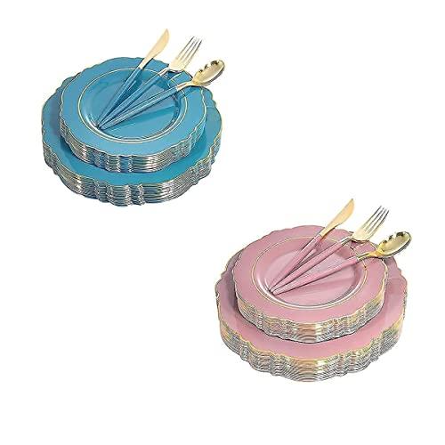 Nervure Nervure 100PCS Blue Plastic Plates With Gold Rim&Gold Disposable Silverware with Blue Handle Purple Plastic Plates 100 Packed&Gold Plastic Silverware with Purple Handle