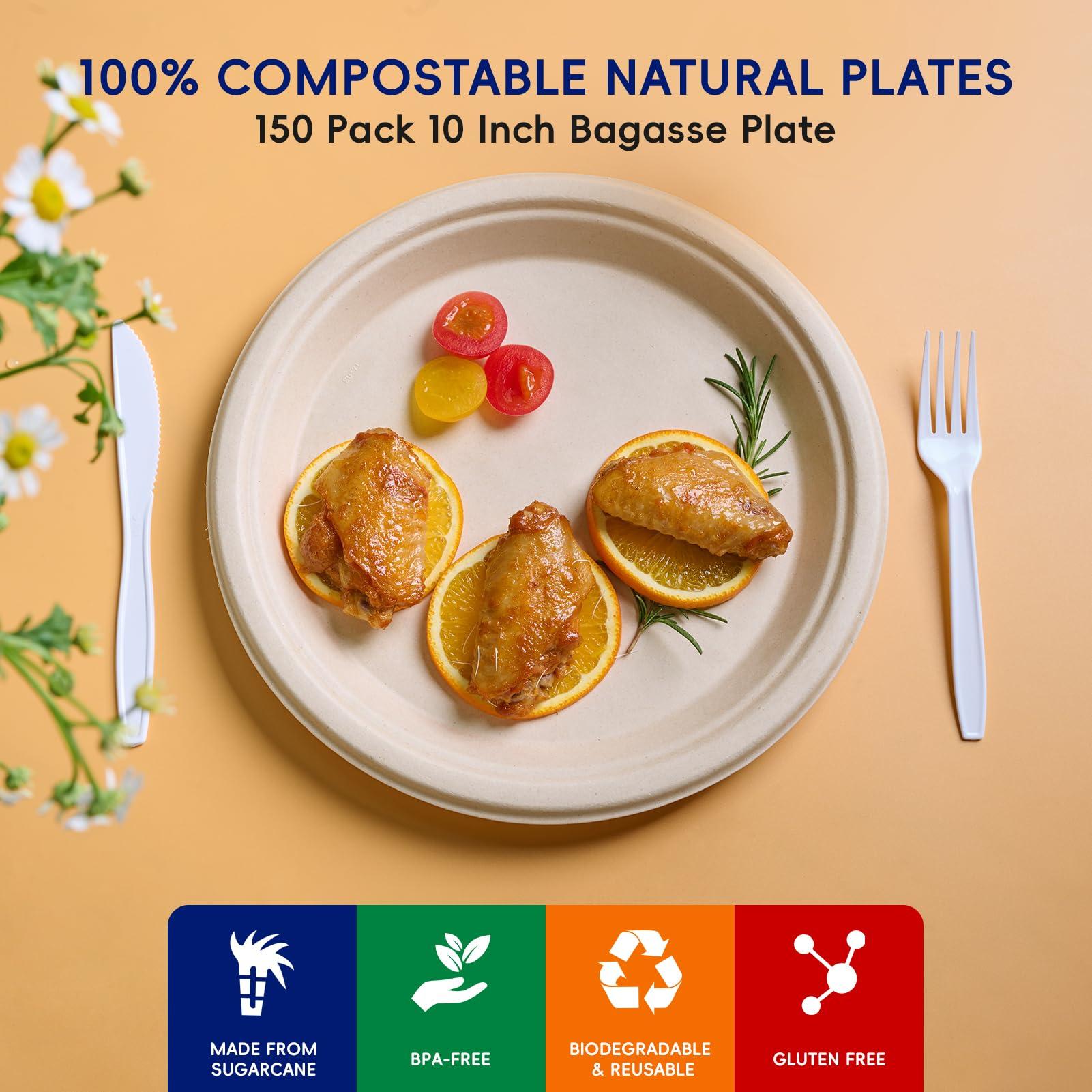 JOLLY CHEF JOLLY CHEF Compostable Heavy Duty Plates 10 Inch [150 Pack] Eco-Friendly Disposable Natural Paper Plates Bagasse Biodegradable Plates Bulk for Party Dinner Sugarcane Fibers Round Plates(Brown)
