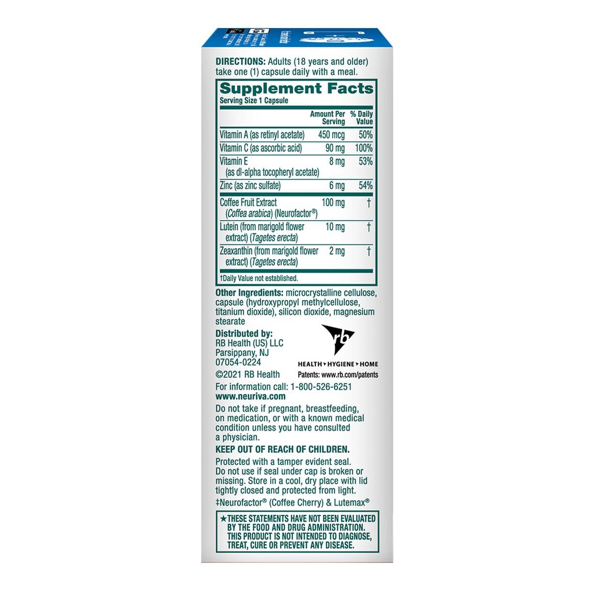 NEURIVA NEURIVA Brain + Eye Supplement for Memory, Focus & Concentration with Clinically Tested Lutein and Zeaxanthin, Vitamins A C & E + Zinc for Eye Health & Filter Blue Light 30 Count Capsules (2 Pack)