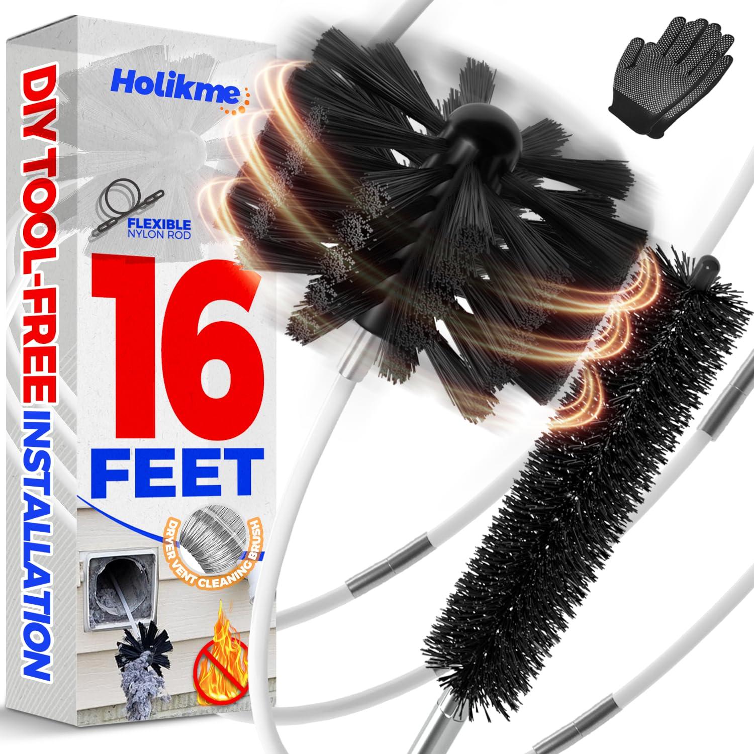 Holikme Holikme 16 Feet Dryer Vent Cleaning Brush Kit, Lint Remover,Fireplace Chimney Brushes, Extends Up to 16 Feet, Synthetic Brush Head, Use with or Without a Power Drill