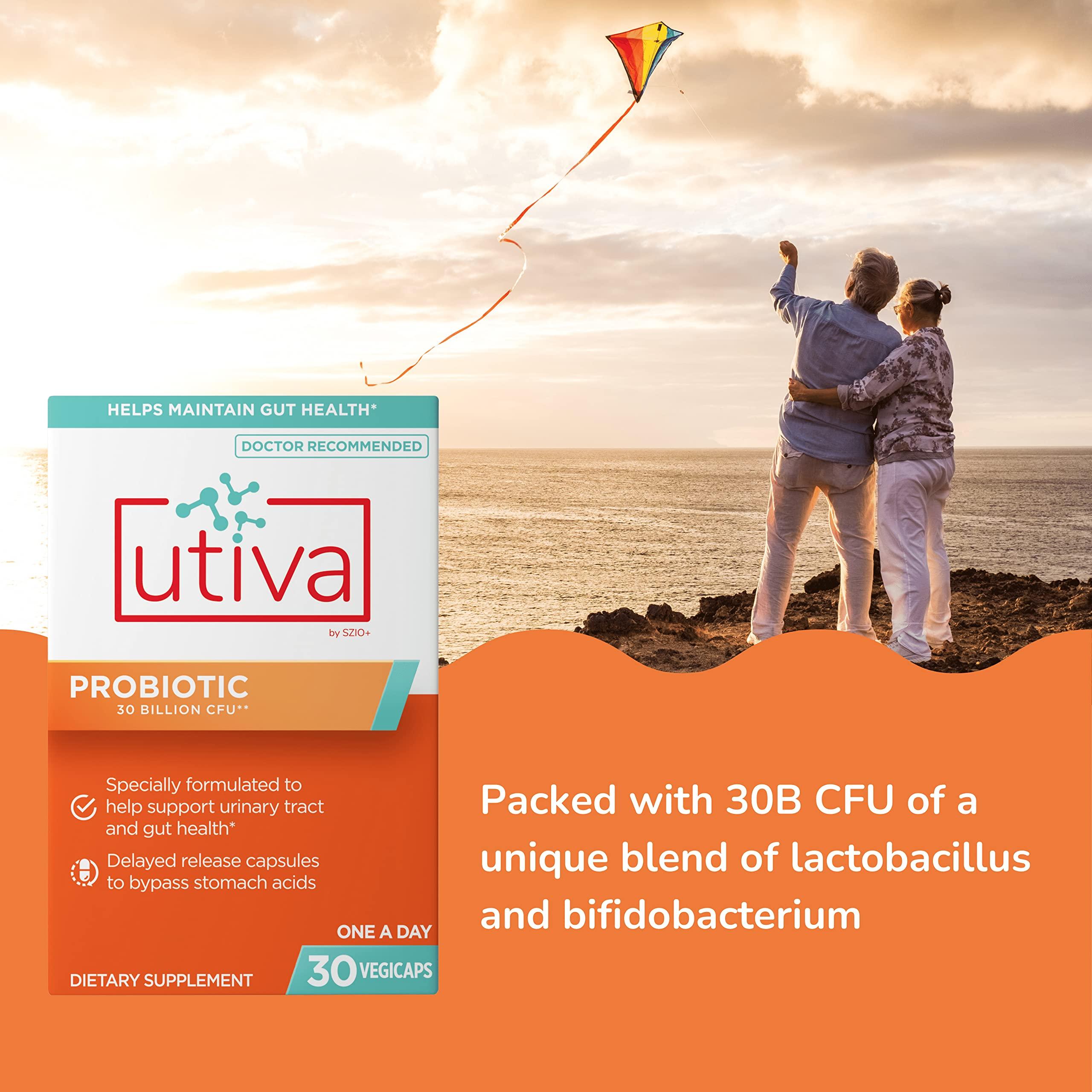 Szio+ Szio+ Utiva Probiotic Urinary Tract and Gut Health Supplement 12 Billion CFU Lactobacillus & Bifidobacterium Probiotic for Men and Women, 30 Delayed Release Vegi Capsules