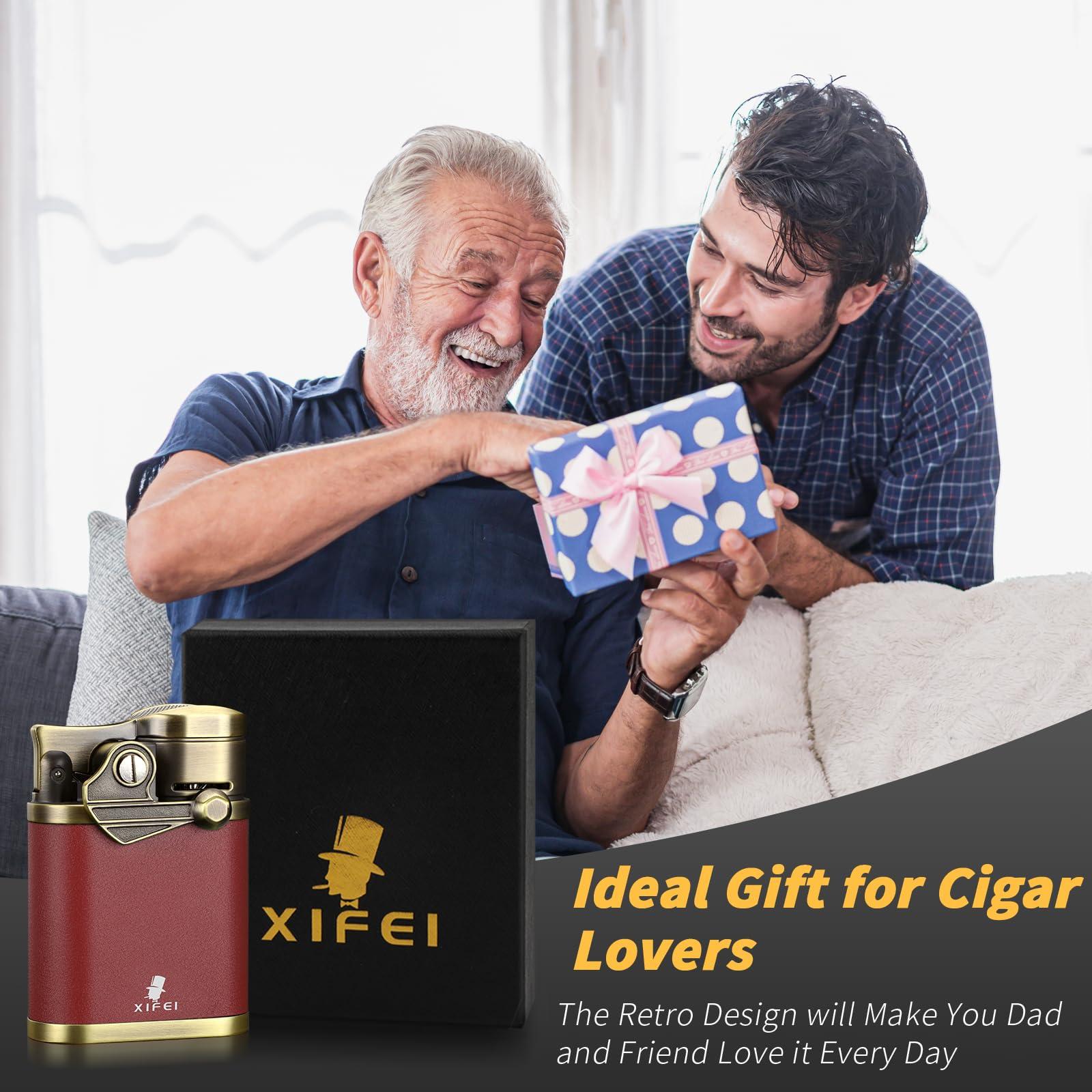 XIFEI XIFEI Cigar Torch Lighter, Refillable Desktop Butane Lighter Windproof 4 Jet Flame, Cigar Holder Cigar Accessories, Adjustable Flame Rocker Arm Lighters Gift for Men (Red)