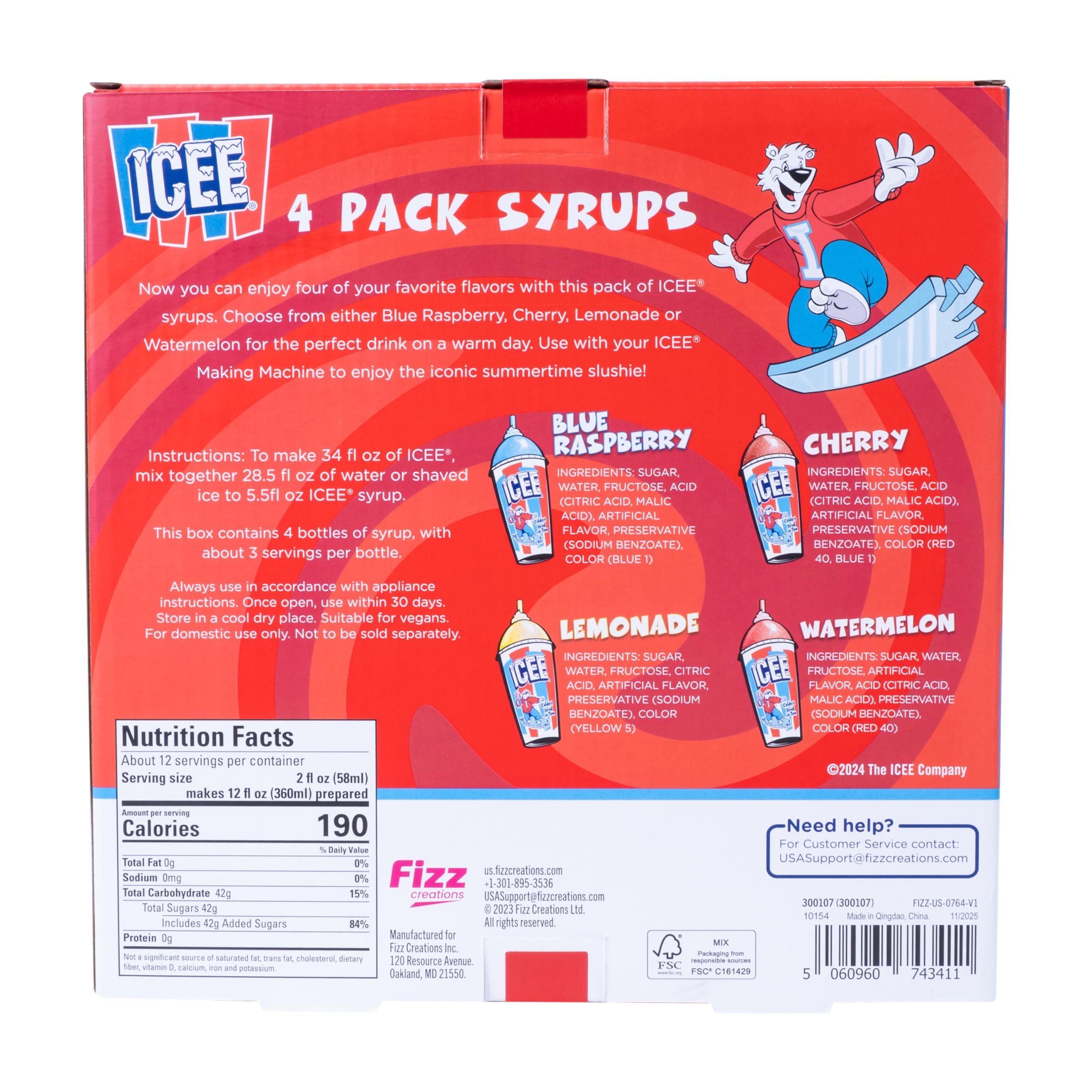 Fizz Creations ICEE 4 Pack Slushie Syrups. Genuine ICEE Slushy syrups including Watermelon, Lemonade, Blue Raspberry & Cherry Flavors. 4 x 6.1floz. Officially Licensed ICEE Merchandise from Fizz Creations.