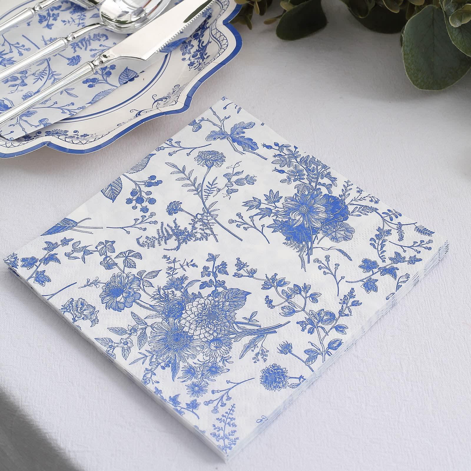 TABLECLOTHSFACTORY.COM Tableclothsfactory 20 Pack | White/Blue Chinoiserie Floral Print 2-Ply Paper Napkins, Disposable Dinner Napkins