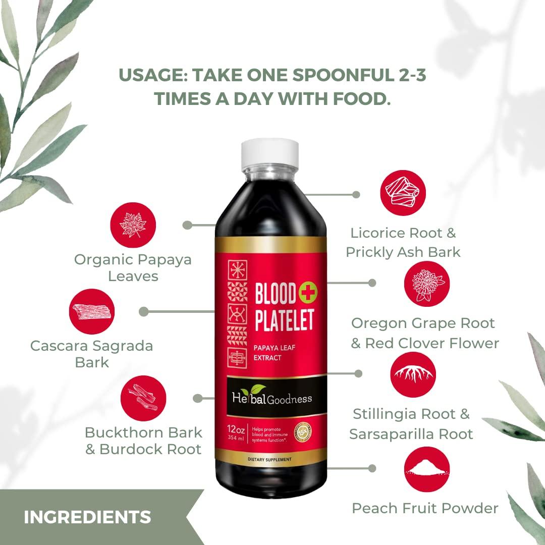 Herbal Goodness Herbal Goodness Papaya Leaf Blood Platelet Liquid Supplement 12oz - 20x Strength - Iron, Blood Platelet, Bone Marrow, Immune Support - Blood Cleanse Formula - Made in USA