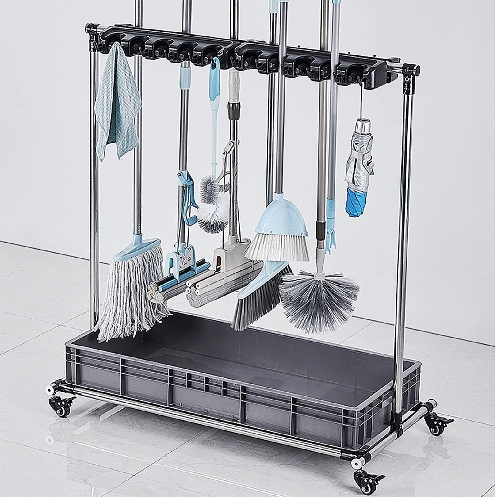 WXZX Movable Floor Standing Utility Mop Broom Holder Commercial Cleaning Tool Cart,Housekeeping Supplies,Wet Mop Drain Rack Garden Tool Hanger Shelf with Wheels,for Hotel,Factories,Restaurant ( Size : 10sl