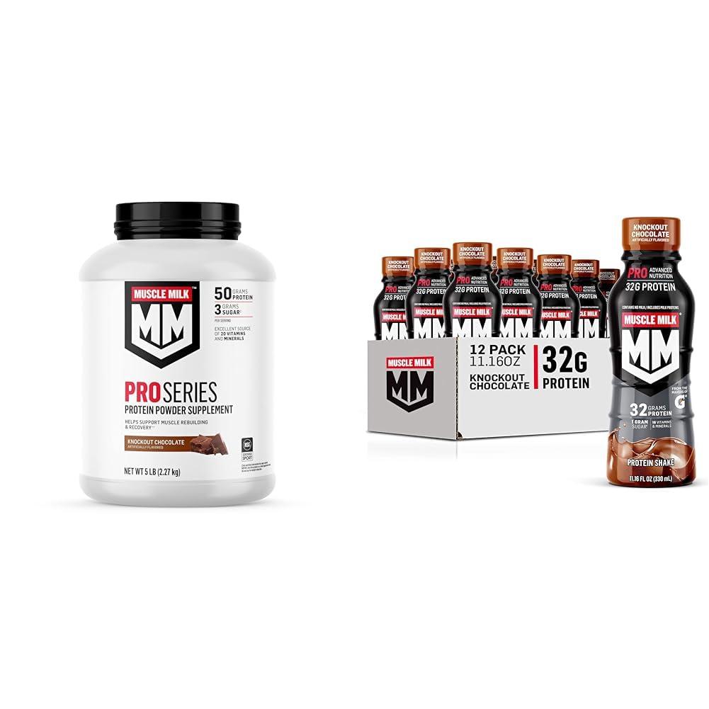 Muscle Milk Muscle Milk Pro Series Protein Powder Supplement, Knockout Chocolate, 5 Pound & Pro Advanced Nutrition Protein Shake, Knockout Chocolate