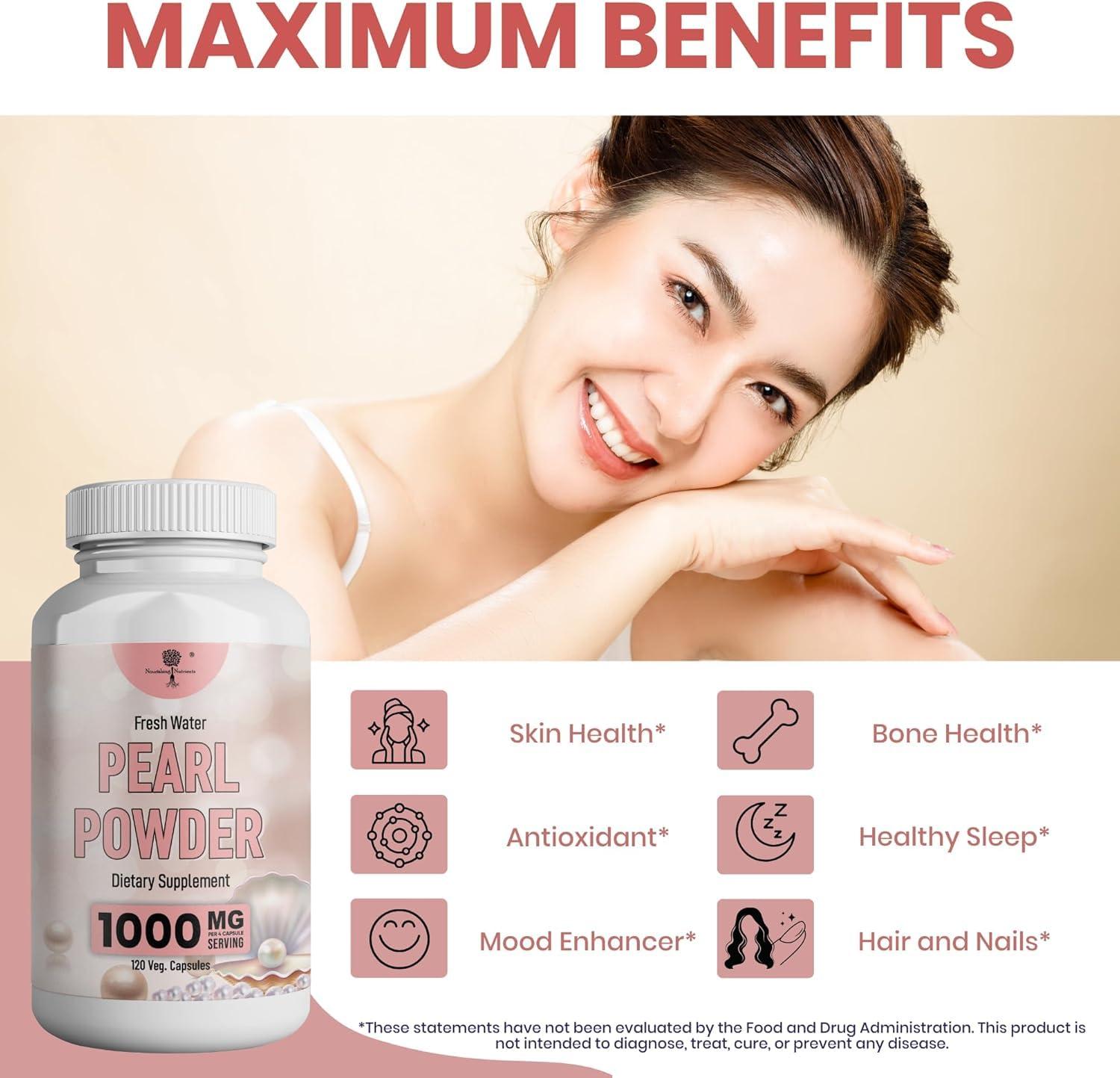Nourishing Nutrients Pearl Powder Supplement for Skin Health - Anti-Aging, Antioxidant & Collagen Production - Healthy Eyes, Hair & Nails, Supports Immunity, Mood and Sleep - With Calcium & Amino Acids 120 capsules 1000mg