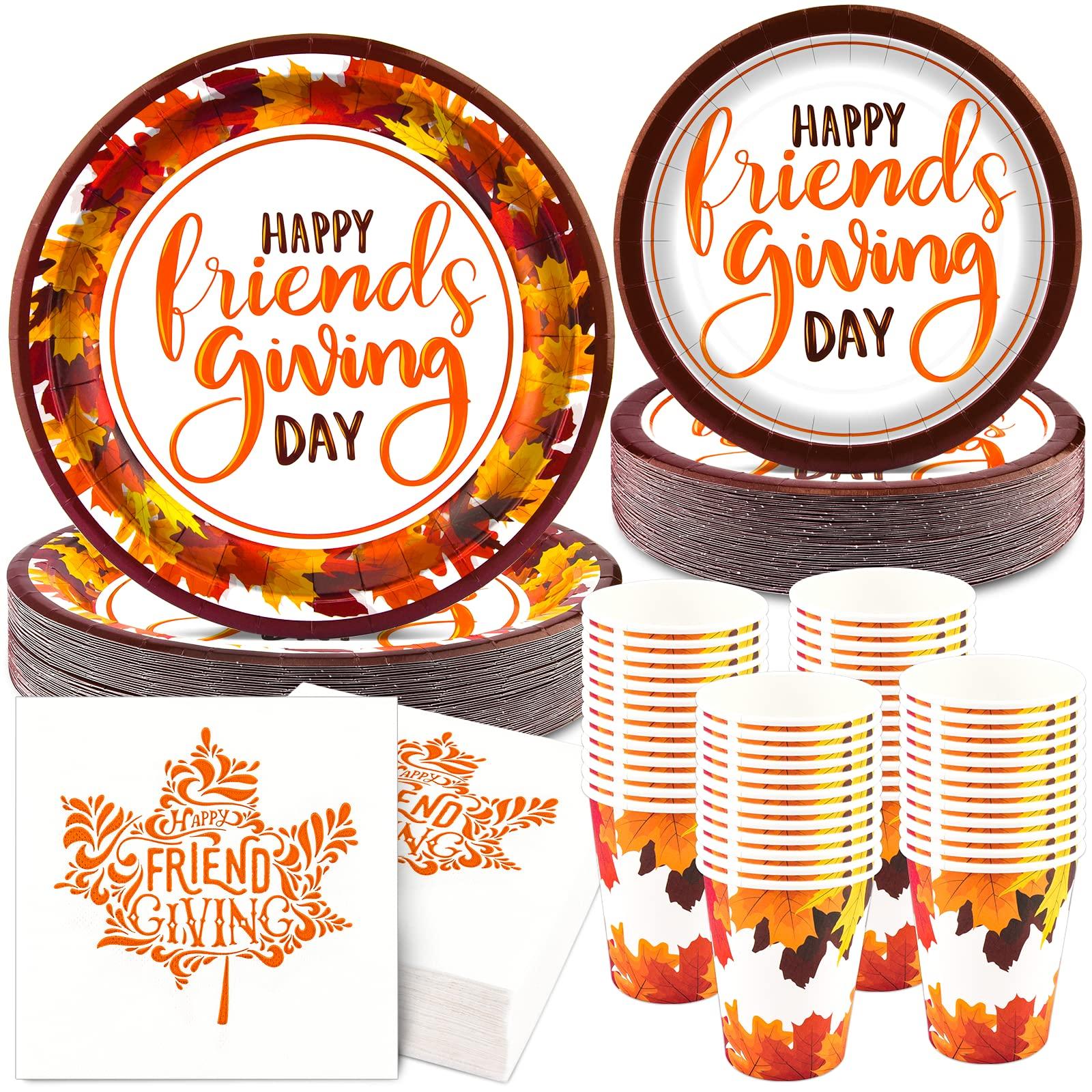 EPHYO 200 Friendsgiving Plates and Napkins Cups Serve 50, Happy Friendsgiving Decorations Party Supplies Thanksgiving Fall Leaves Autumn Disposable Paper Plates Luncheon Napkins Beverage Cups Dinnerware