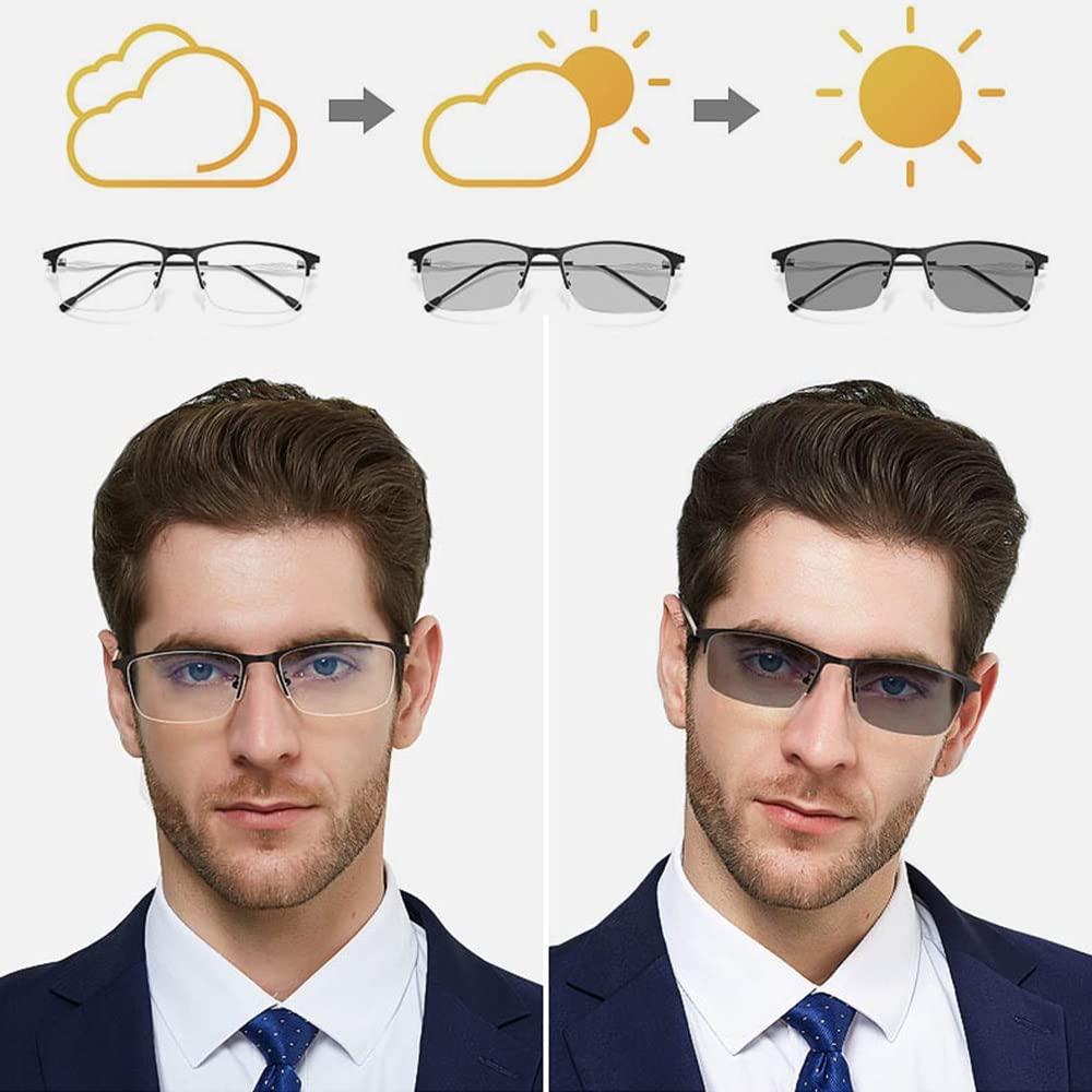 DDXW DDXW Photochromic Reading Glasses Men Transition Sunglasses Multifocus Metal Half Frame Eyeglasses Black Fashion Reading Sunglasses (Size : +2.50)