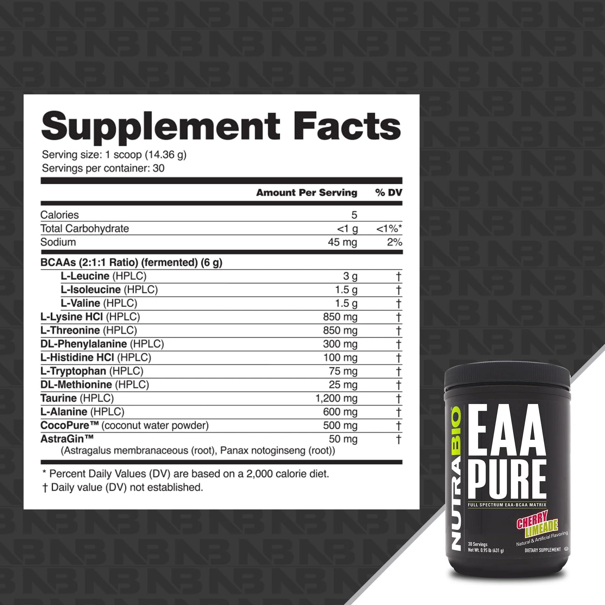 NutraBio NutraBio EAA Pure 9 Amino Acids Muscle Repair and Recovery, 30 Servings, Cherry Limeade Pre or Post Workout All Day Recovery
