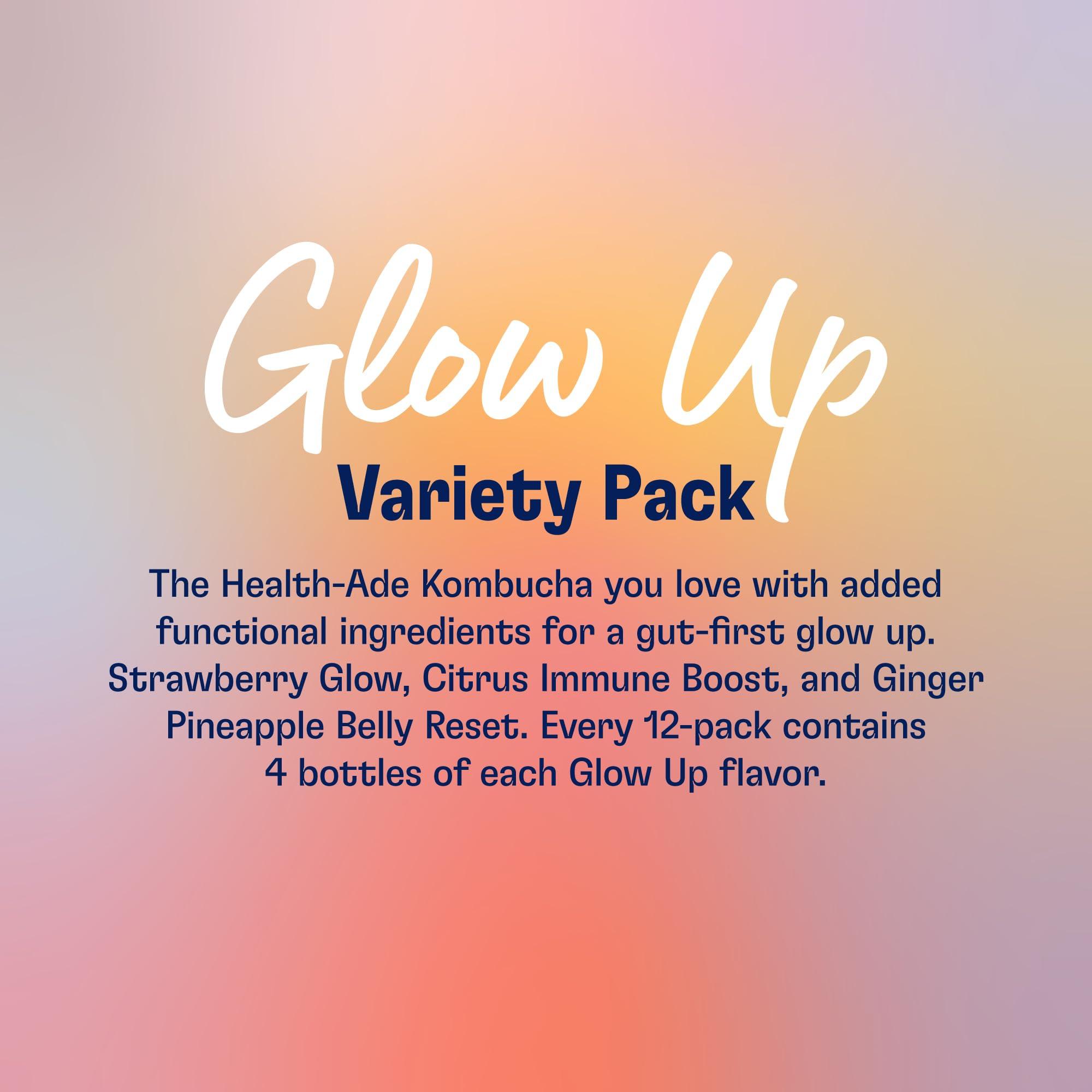 Health-Ade Health-Ade Kombucha Tea Organic Drink, Fermented Tea with Living Probiotics, Detoxifying Acids, Supports Gut Health, Non-GMO, Vegan, Gluten Free, 12 Pack (16 Fl Oz Bottles), Glow Up Variety Pack