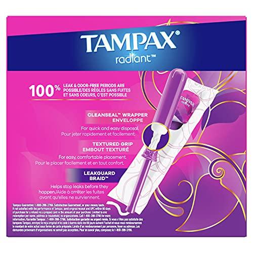 Tampax Tampax Radiant Tampons Duo Pack, Regular/Super Absorbency, 96 Count, BPA-Free Plastic Applicator and LeakGuard Braid, Unscented, 96 Count