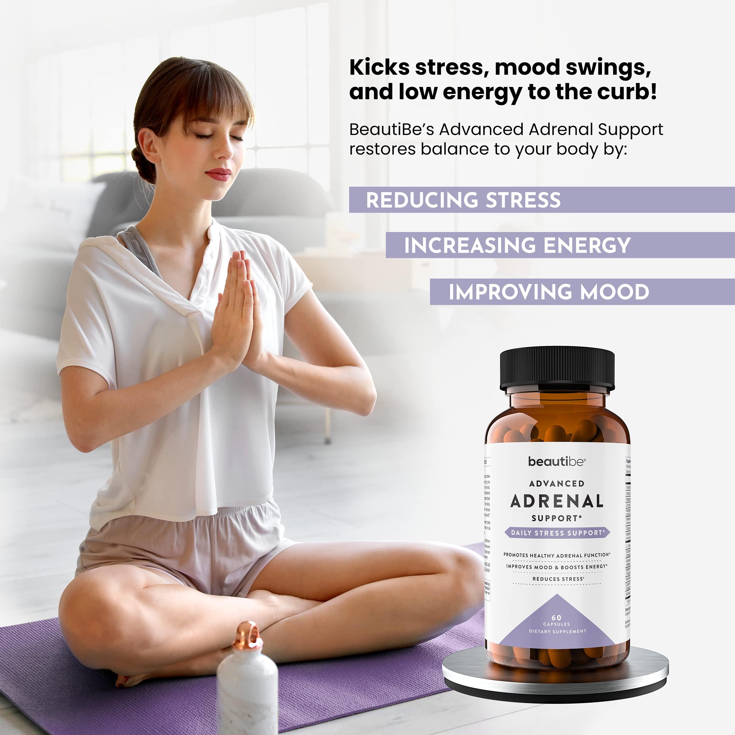 BeautiBe Adrenal Support for Women & Men Cortisol Manager Natural Stress Relief Supplement - Adrenal Fatigue, Mood Health, and Energy Supplements with Ashwagandha & L-Tyrosine 60 Non-GMO Veggie Capsules