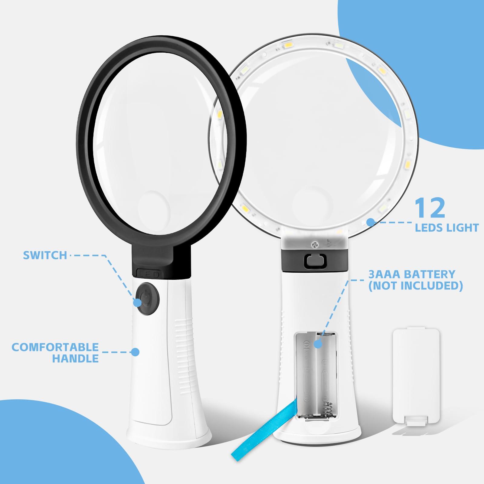 HQGZQL 30X 10X Large Magnifying Glass with Light and Stand Lighted Magnifying Glass with 12 LEDs 3 Adjustable Light Mode Handheld Magnifier for Low Vision Seniors Small Prints Reading Coins (Dark Black)