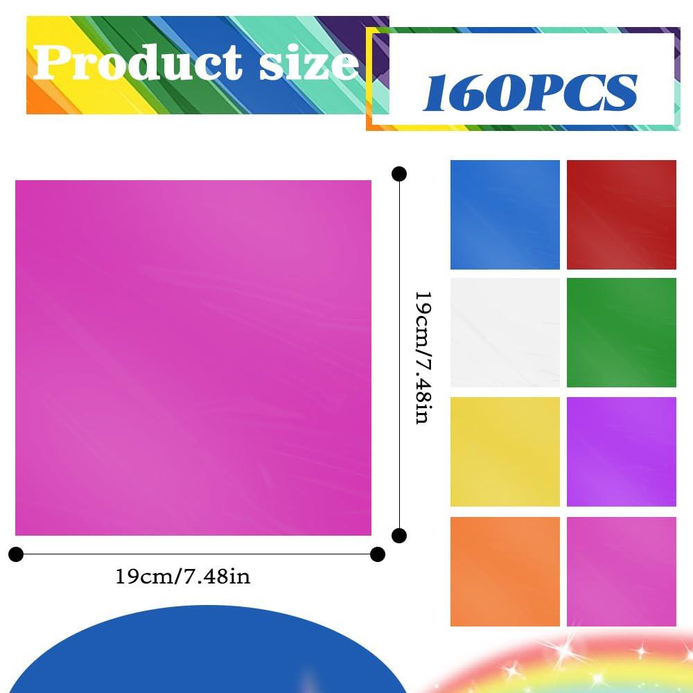Diueoly Cellophane Wrap, 160pcs Cellophane Sheets, 8 Multi-Colors Colored Cellophane, 7.5x7.5 Inch Transparent Colored Plastic Wrap, Colored Cellophane Wrap for Christmas Valentine DIY Arts Crafts Decorations