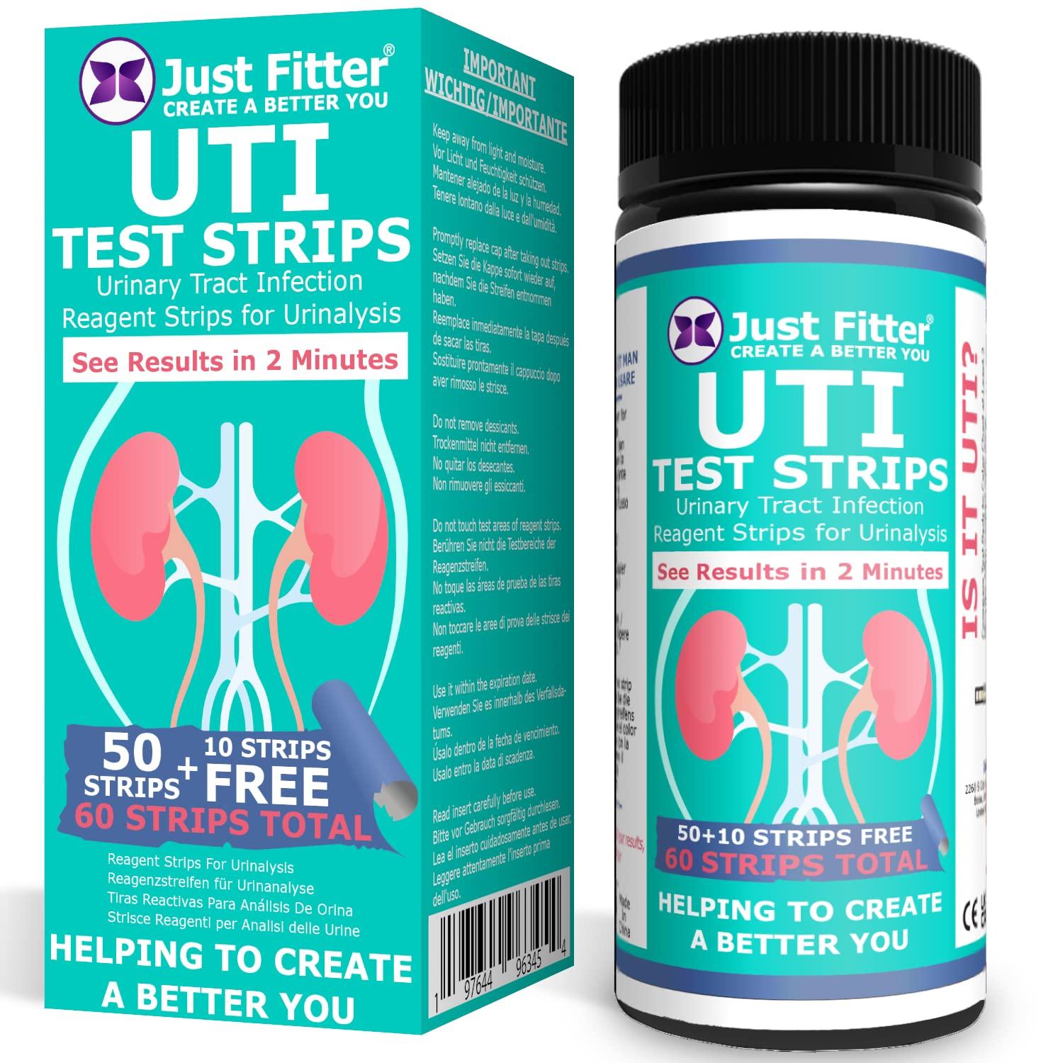 Just Fitter UTI Urine Test Strips. Urinary Tract Infection Strip. Simple, Fast and Accurate Results. Urinalysis Home Testing Stick Kit for Nitrite and Leukocytes.