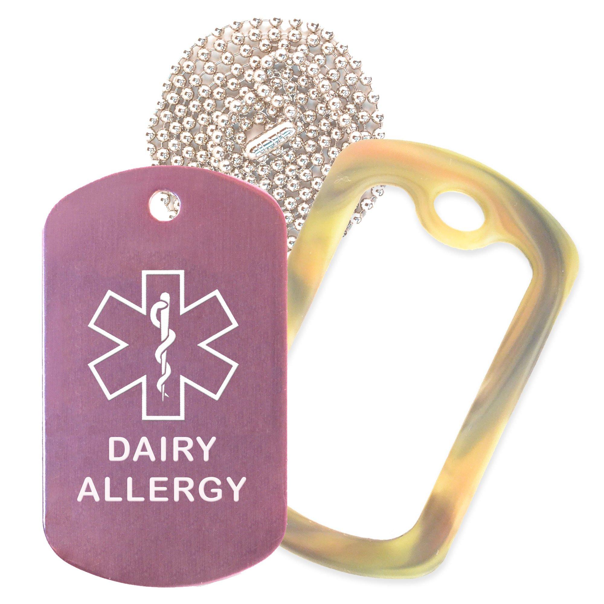 Goods For Giving Dairy Allergy Medical Alert ID Necklace with Pink Tag, Camo Forest Silencer, and 30'' USA Chain - 154 Color Choices