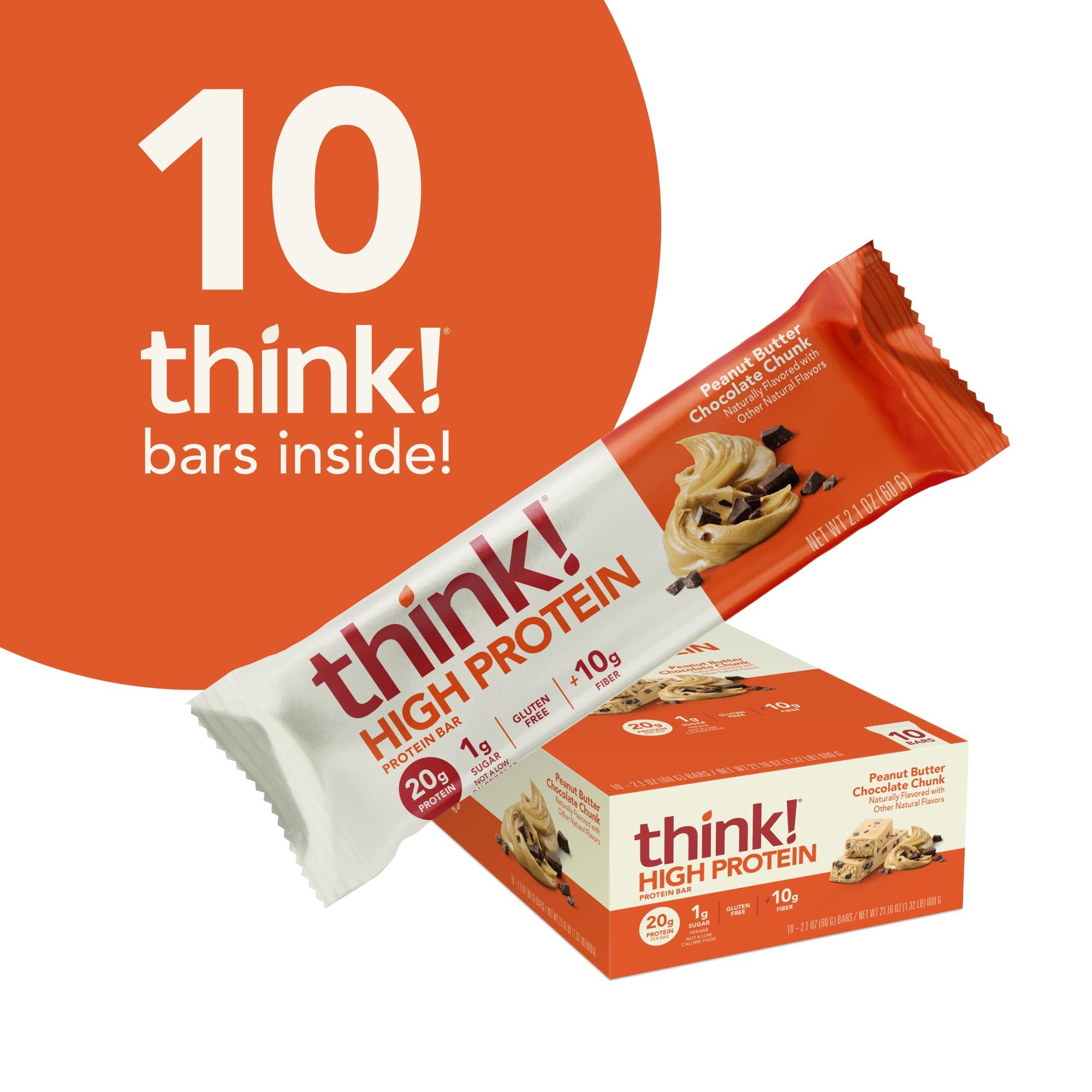 think! think! Protein Bars, High Protein Snacks, Gluten Free, High Fiber, Peanut Butter Chocolate Chunk, 10 Count