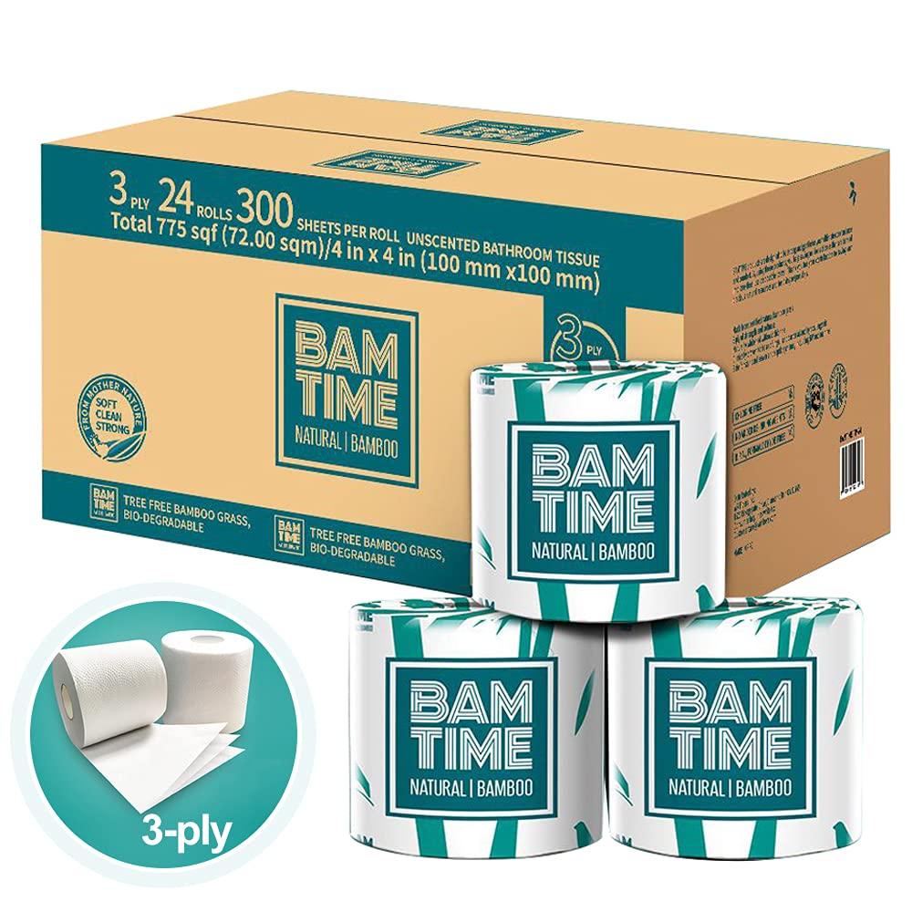 BAMTIME Toilet Paper, 100% 3ply Bamboo Toilet Paper, 24 Rolls, 300 sheets, 7200 Count, pack of 24, plastic free, Tree free, Biodegradable