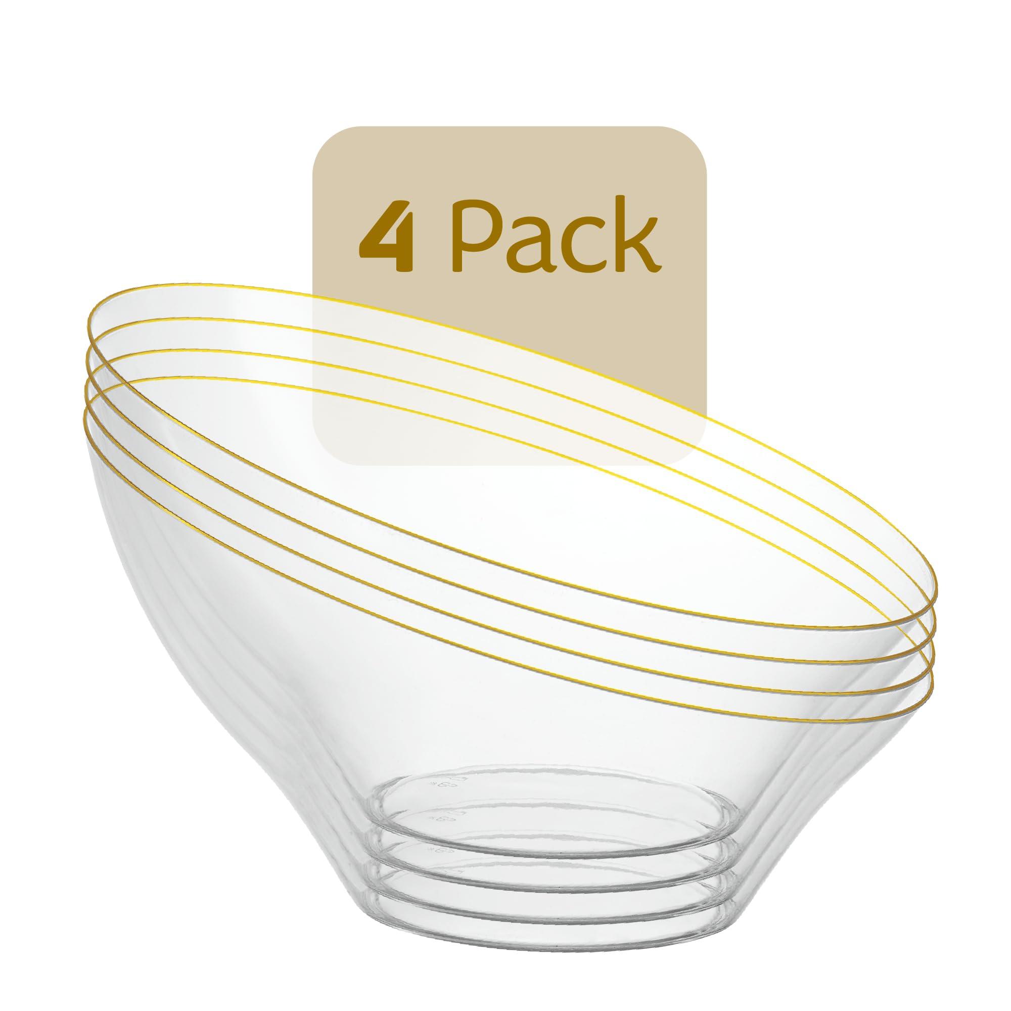 PLASTICPRO PLASTICPRO Angled Plastic Bowls Disposable Large Plastic Clear Serving Bowls with Gold Rim for Party for Appetizer Salads Pack of 4
