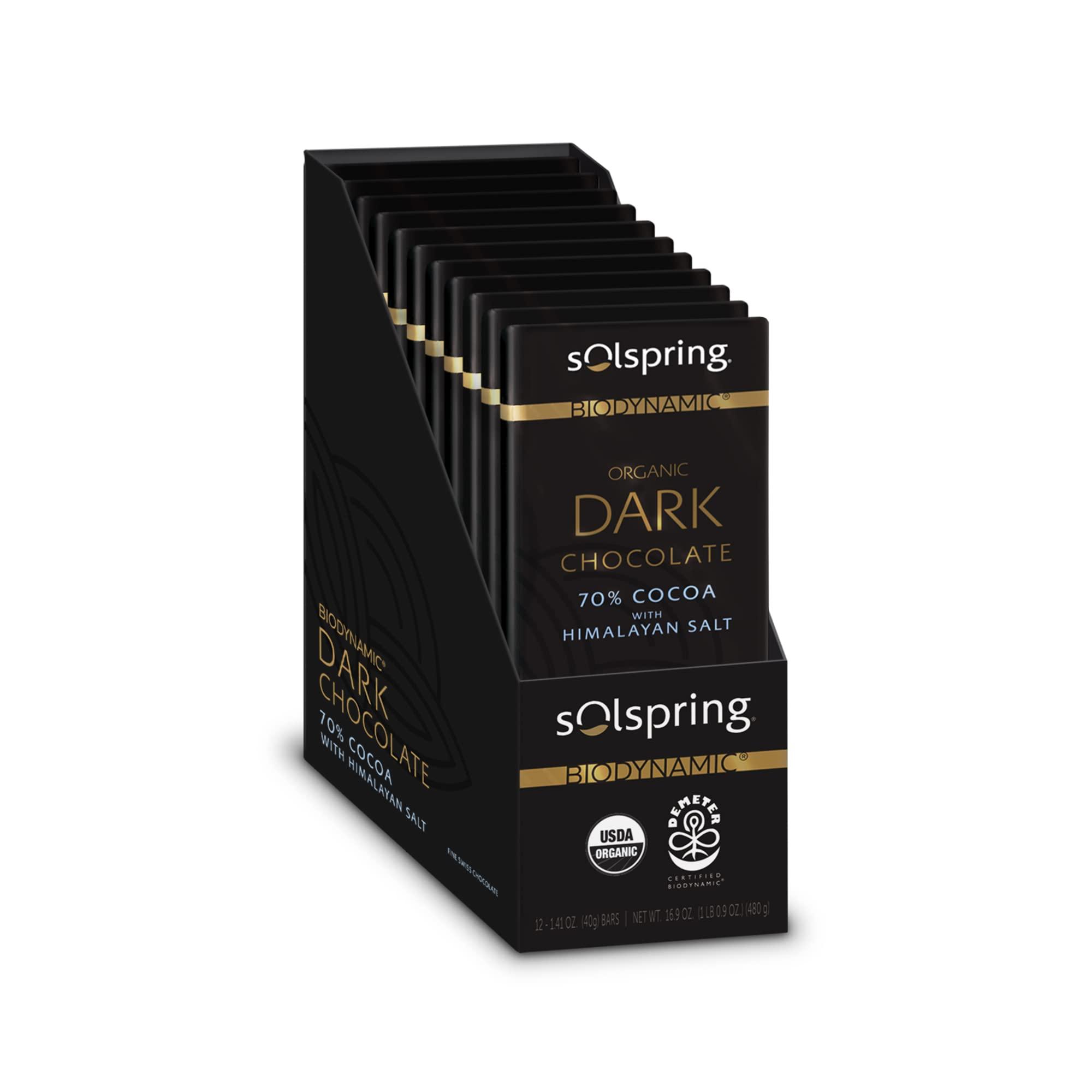 Dr. Mercola Solspring Biodynamic Organic Dark Chocolate Bars with Himalayan Salt (12-1.41 oz Bars), 70% Cocoa, Fine Swiss Chocolate, Certified USDA Organic, Demeter Certified, Gluten Free, Soy Free, Dr. Mercola