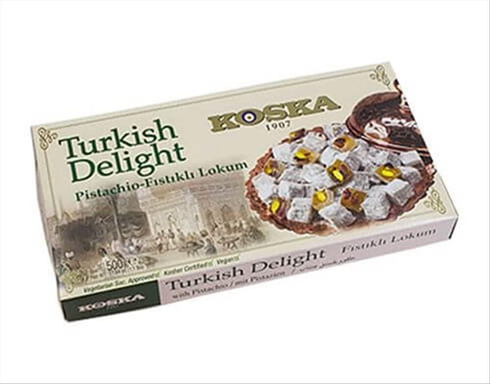 Koska Turkish Delight with Pistachio by Koska | Giftable Snacks 17.64 oz-500 gr | Sweet Traditional Delicious Soft Turkish Delights. | Vegan, Kosher and Halal Certified