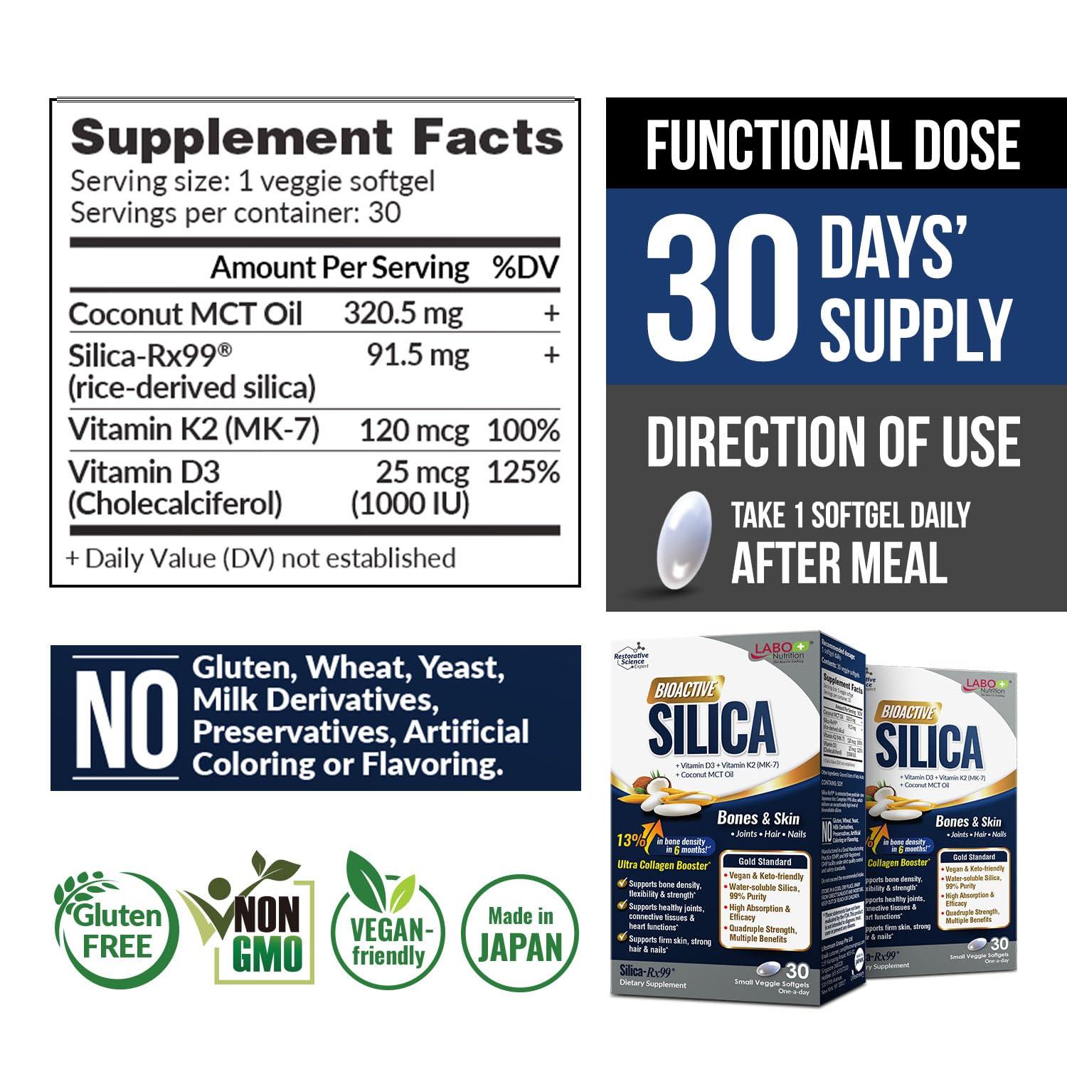 LABO Nutrition LABO Nutrition Bioactive Silica, 99% Purity Rice-Derived Silica with 42mg Silicon Per Serving, Intensive Collagen Generator, Strengthen Joint & Bone, for Skin, Hair & Nails Support. 30sx3
