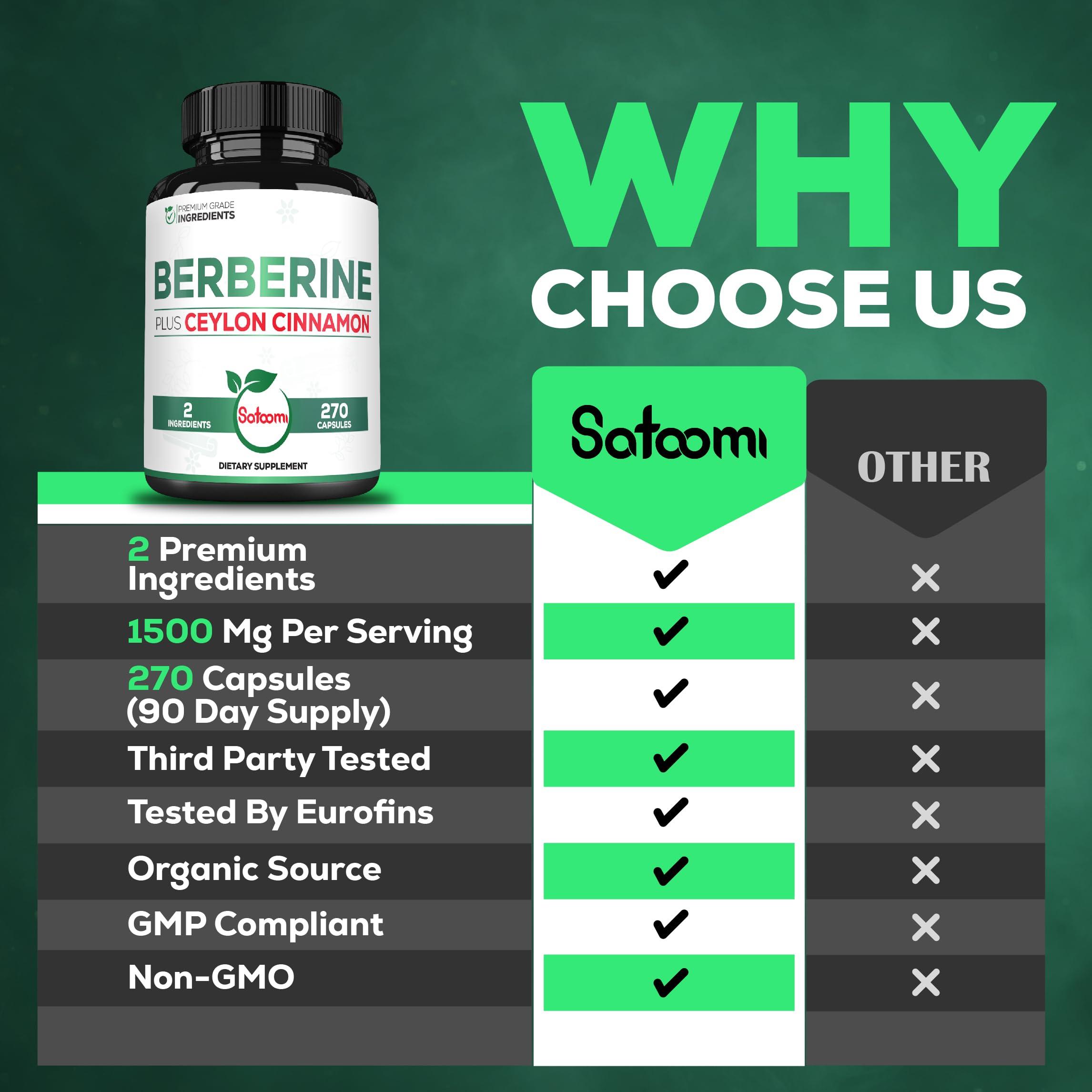 Satoomi Berberine with Ceylon Cinnamon Supplement - 1500mg Extra Strength for Immune System, Digestive Health, Body Management & Energy Production - 270 Capsules - Gluten-Free, Non-GMO