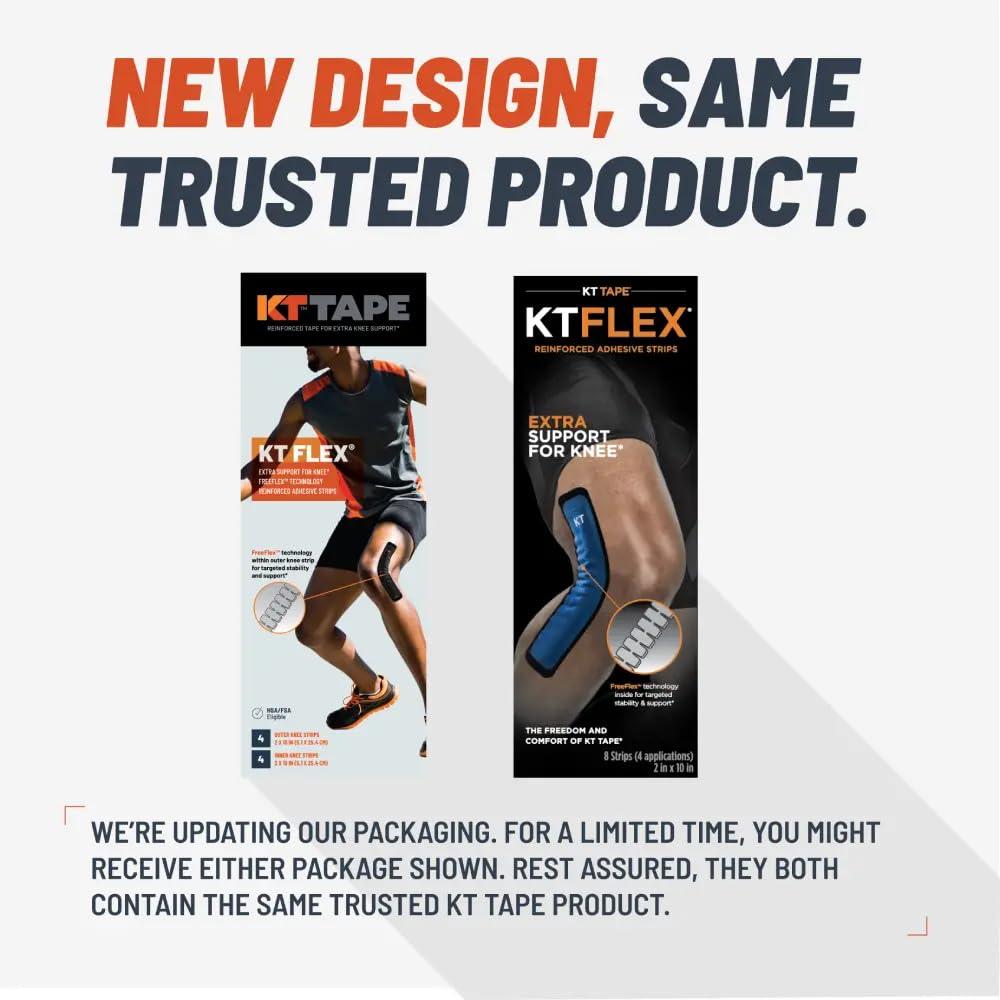 KT Tape KT Tape, KT Flex Reinforced Adhesive Strips for Knees 8 Pack, 10 in. Precut Strips in Black Effective Support for Weak or Injured Knees, Easy 2-Strip Application, Breathable, and Comfortable for Up to 3 Days