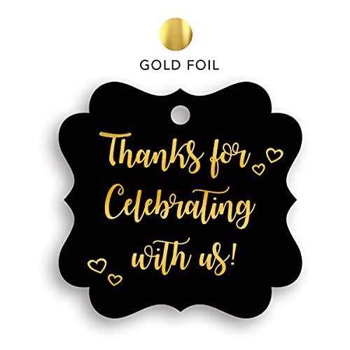 K11 Photo Design Black Thank You Tags for Favors, Fancy Frame, Gift Tags, Gold Foil Hot Stamp, 25 Pack Wedding or Party, Thanks for Celebrating with Us Tags (Frame black2)