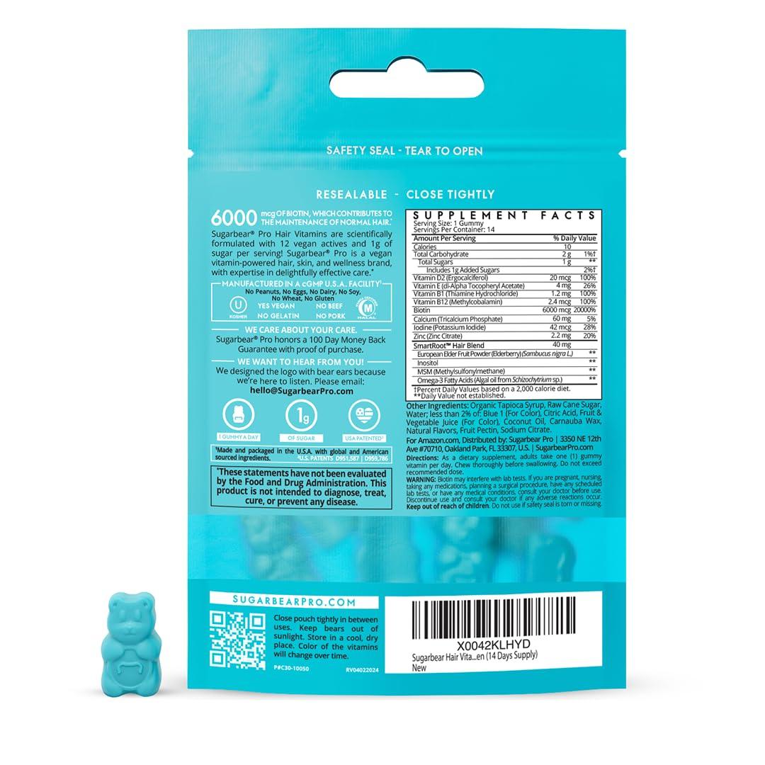 SugarbearPro Sugarbear Hair Vitamin Gummy 14 Day Supply Extra Strength Biotin 6000mcg, Growth for Men & Women, Vegan Vitamin B12, MSM, Inositol, Omega 3, Elderberry, Certified Kosher, Halal, Cruelty-Free