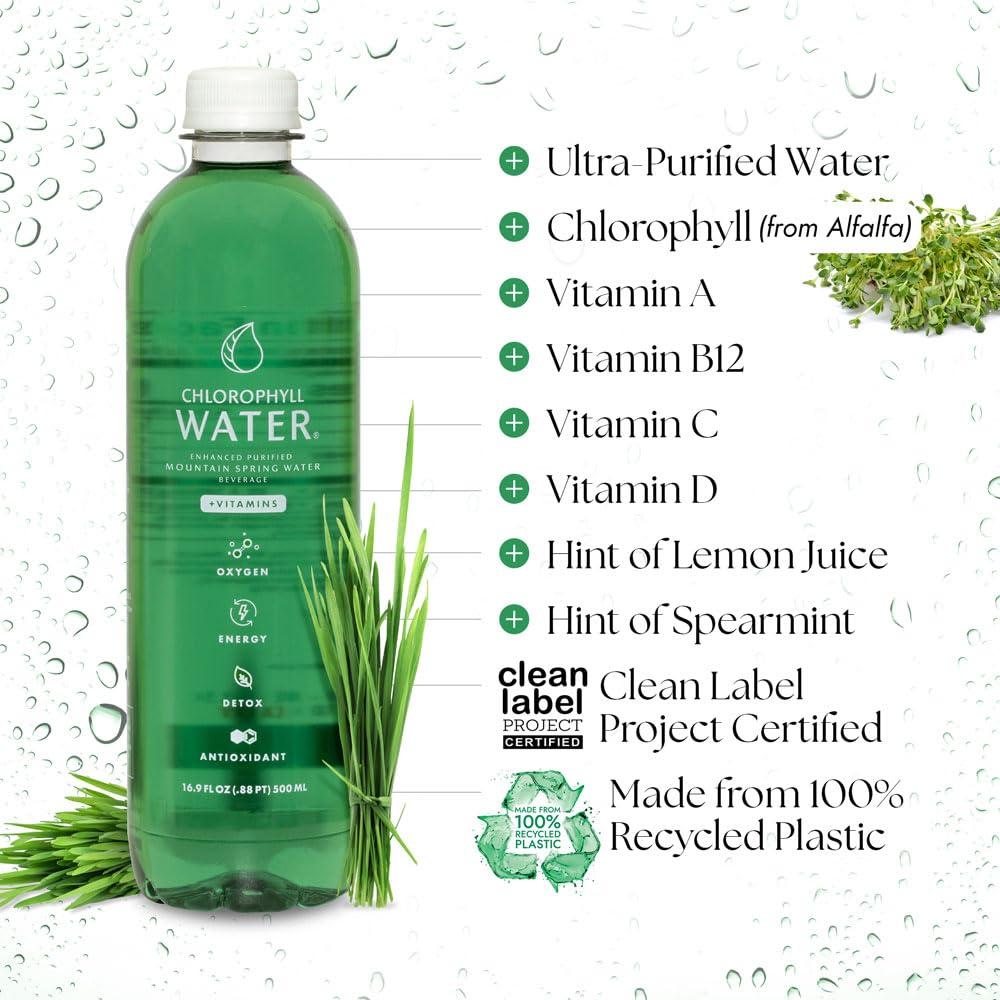 Chlorophyll Water Chlorophyll Water Purified Mountain Spring Water w/Liquid Chlorophyll & Vitamins A, B12, C, D | Plant Based | Antioxidants, Detox Water, Energy Boost, Immune Support 12pk