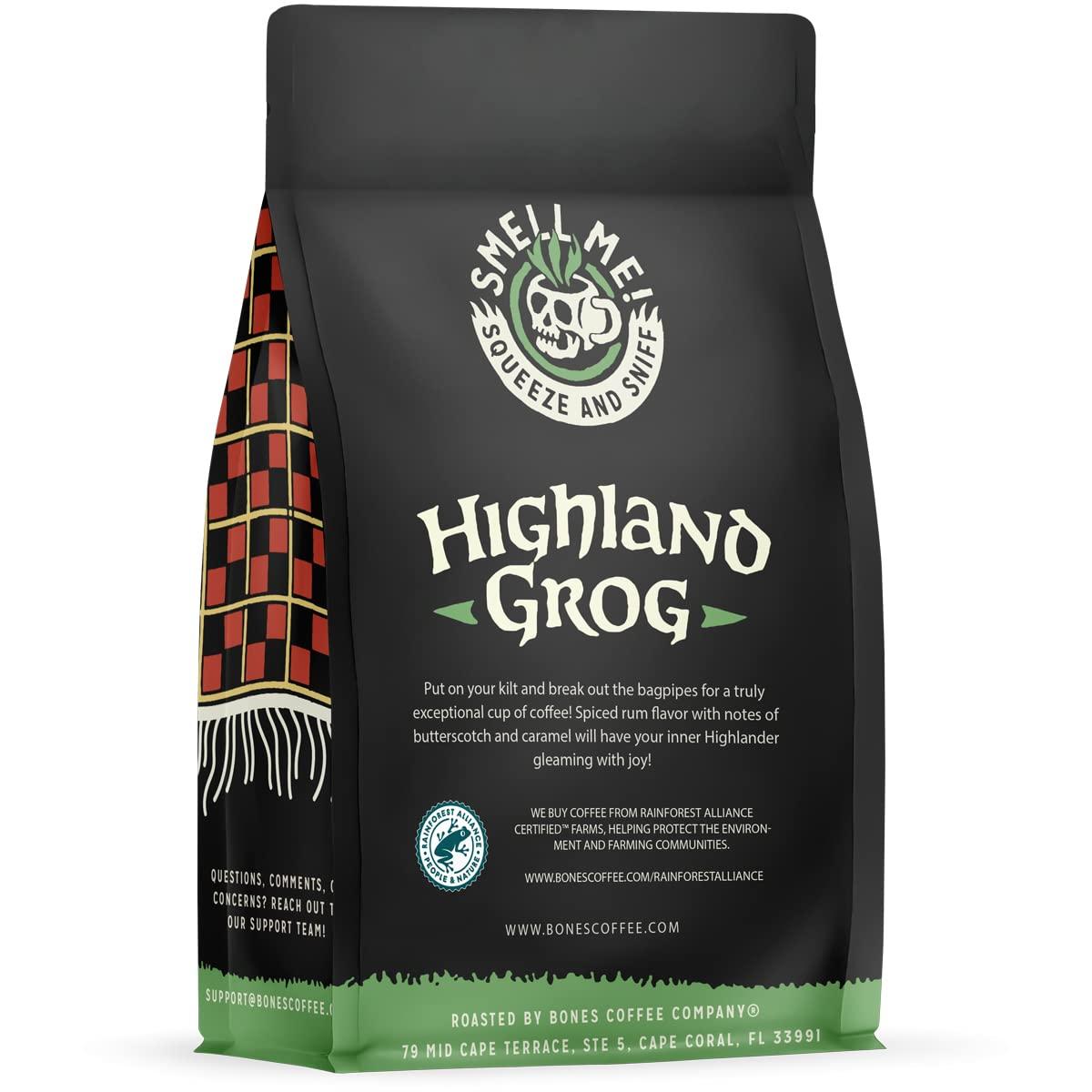 Bones Coffee Company Bones Coffee Company Highland Grog Flavored Coffee Beans, Medium Roast Ground Coffee Low Acid, Butterscotch Caramel Flavor (12 oz)