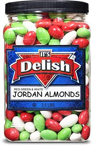 It's Delish Christmas White, Red & Green Jordan Almonds by Its Delish, 3.5 lbs. Jumbo Reusable Container | Candied Almonds with Sweet Hard Candy Coating - Perfect for Christmas Themed Parties - USA Made & Vegan