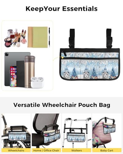 Sabolny Christmas,Wheelchair Side Bag, Wheelchair Walker Armrest Bags with Cup Holder & Reflective Stripes, Mobility Scooter Walker Rollator Wheelchair Accessories Winter Gnomes Xmas Silver Tree Pine Blue