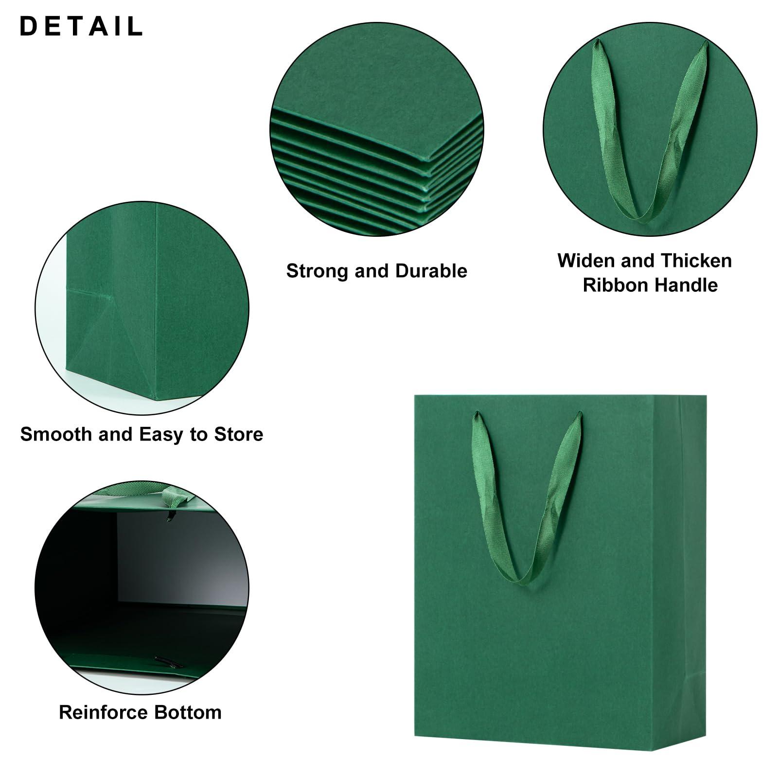 driew driew Large Dark Green Gift Bags, 12 Pack Extra Large Deep Green Gift Bag Ribbon Handles Heavy Duty Paper Gift Bags 10x5x13 inches Party Gift Bags for Shopping, Pakcing,Retail