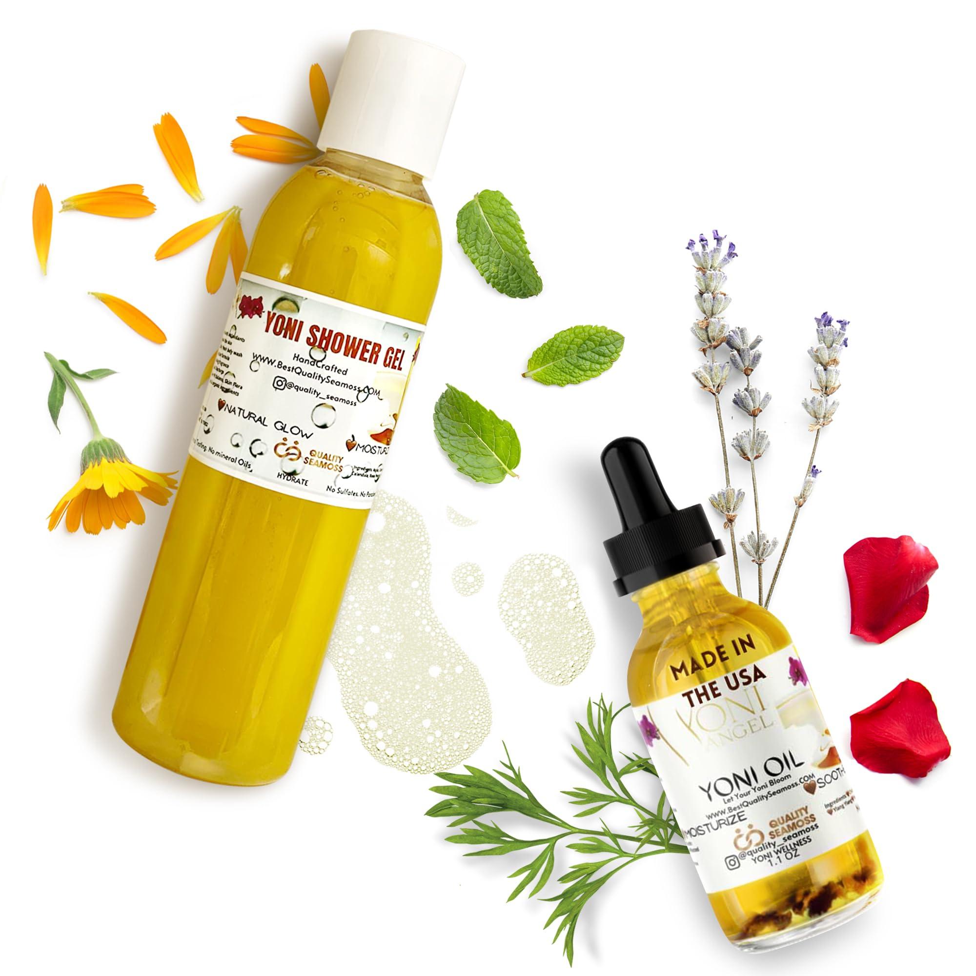 Quality Seamoss and Yoni Oil Yoni Wash Shower Gel (7 oz) and Yoni Oil (1.1 oz) Bundle, Includes Body Wash for Cleansing and Feminine Care Oil for pH Balance and Odor Control, Natural Feminine Hygiene Products, Body Care Bundle