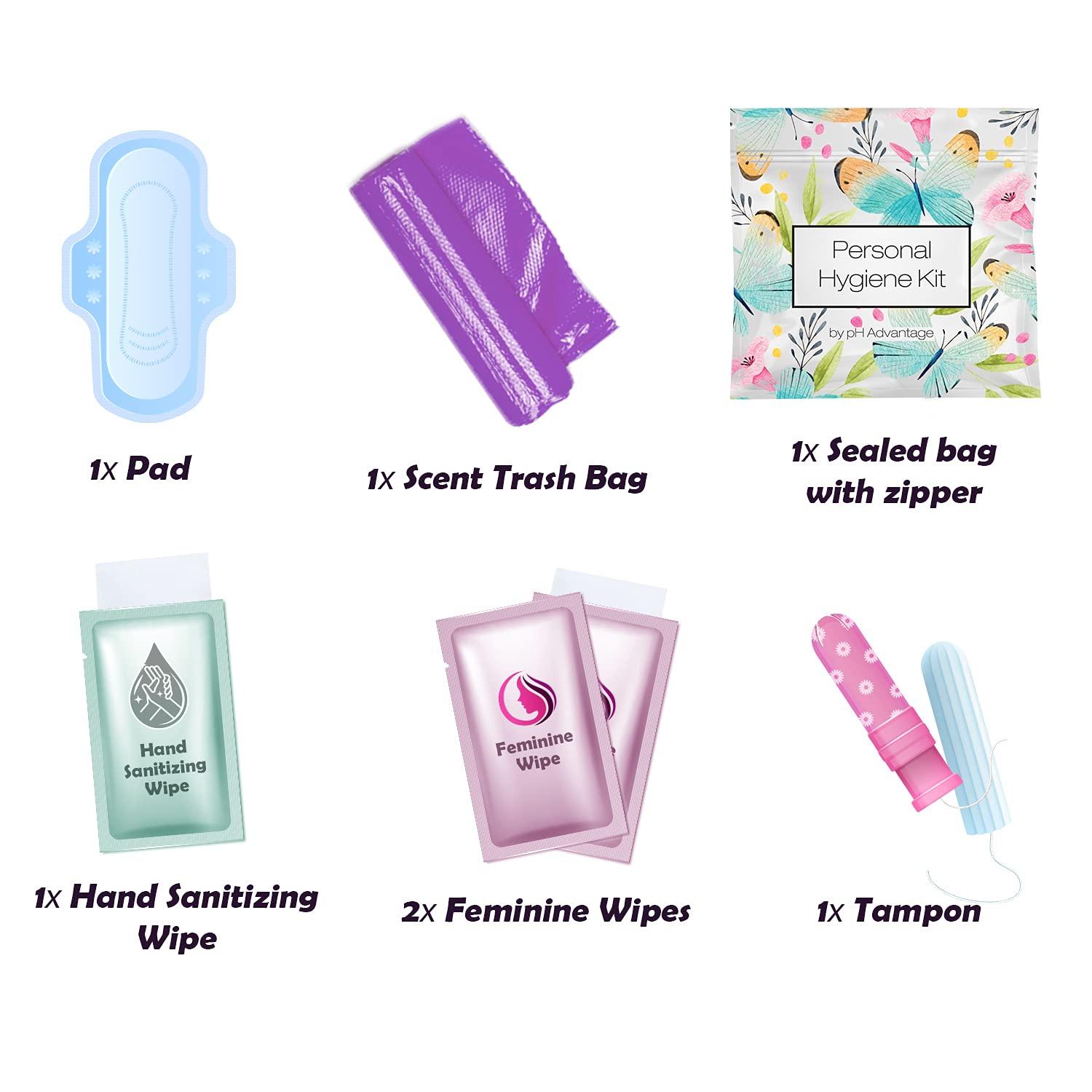 pH Advantage Menstrual Kit All-in-One | Convenience on The Go | Single Period Kit Pack for Travelling, Tweens & Teenagers | Individually Wrapped Feminine Hygiene Products (Butterflies) (100 Pack)