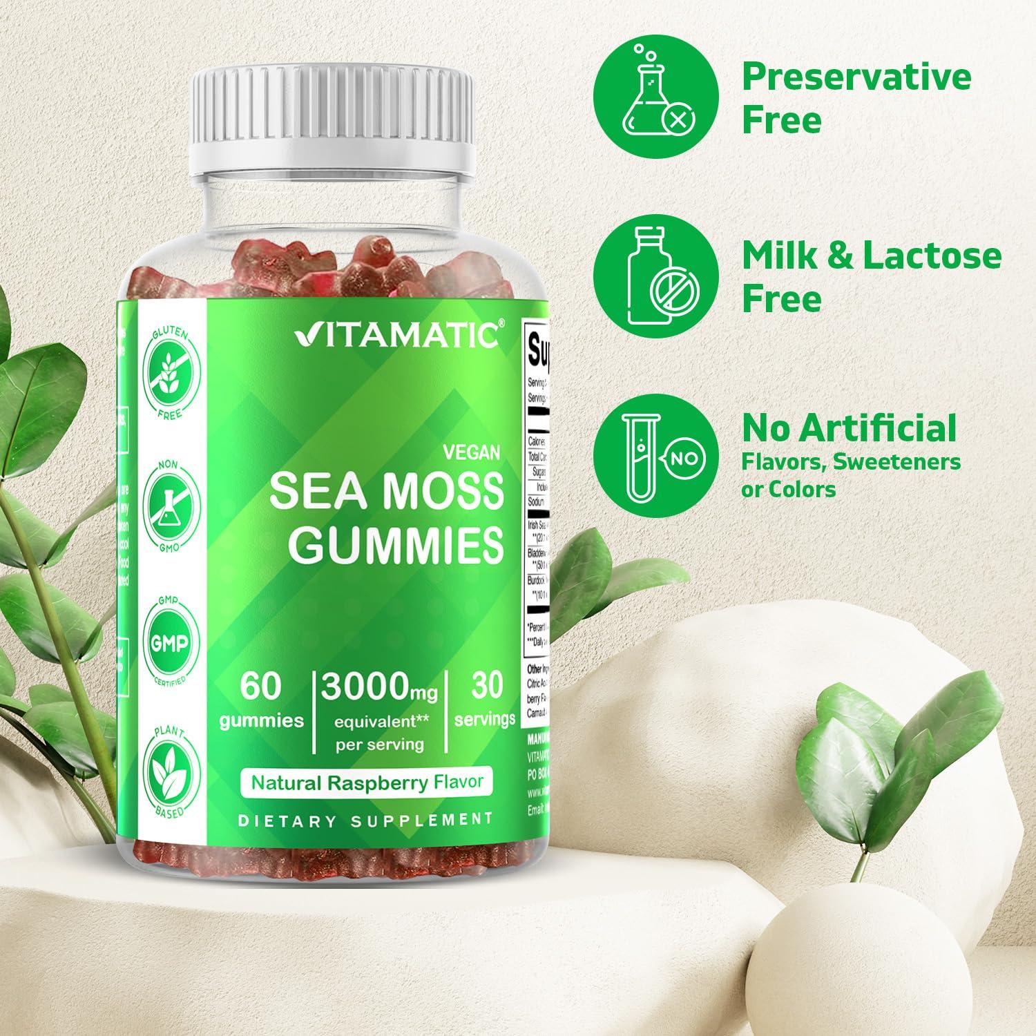 Vitamatic Vitamatic 2 Pack Irish Sea Moss Gummies- 3000mg Equivalent Per Serving (from Extract 132.5 mg) - 60 Ct - Made with Bladderwrack & Burdock Root - Seamoss Supplement for Thyroid, Energy, Immune Support