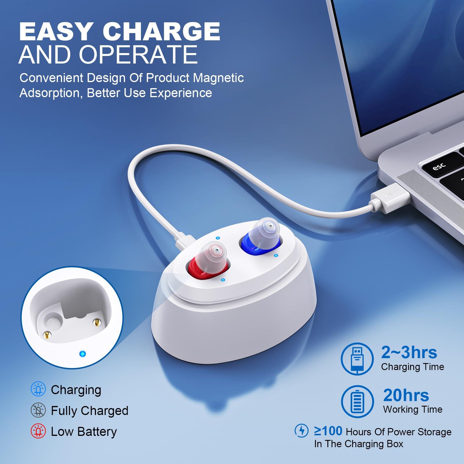 RUYIOER Rechargeable Hearing Aids for Seniors, In-Ear Digital Hearing Aids, Sound Amplifier with Noise Cancellation, Sound Controller for Adults with Hearing Loss, with Portable Charging Case (Red/Blue)