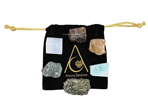 Amazing Gemstone Crystals for Money and Success Manifestation, Set of 6 Citrine, Pyrite, Garnet, Selenite, Green Aventurine and Amazonite Healing Crystals and Stones