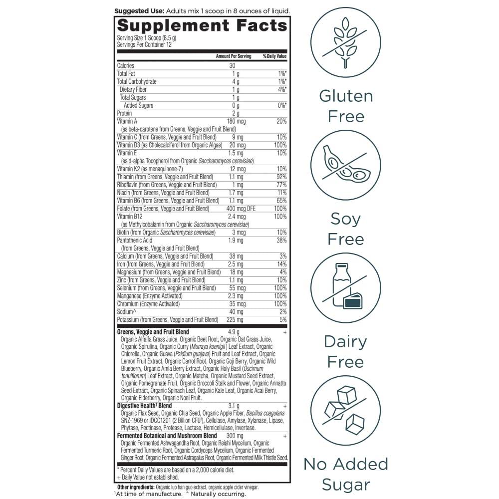 Ancient Nutrition Ancient Nutrition Organic SuperGreens Powder with Probiotics, Organic Multivitamin Greens, Made from Real Fruits, Vegetables and Herbs, Digestive and Energy Support, 12 Servings, 3.6oz