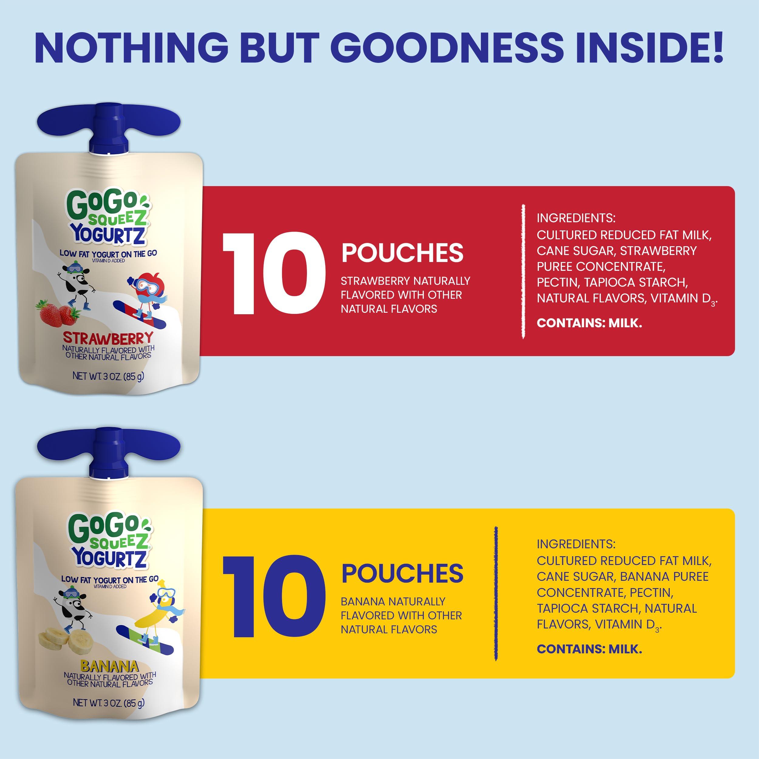 GoGo SqueeZ GoGo squeeZ yogurtZ Variety Pack, Strawberry & Banana, 3 oz (Pack of 20), Kids Snacks Made from Real Yogurt and Fruit, No Fridge Needed, Gluten Free, Nut Free, Recloseable Cap, BPA Free Pouches