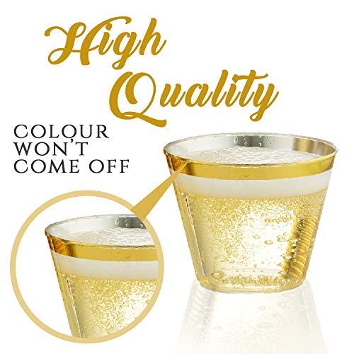 DECPREP Gold Rimmed Clear Cups 9 oz. | Old Fashioned Tumblers | Elegant Plastic Party Cups | Fancy Disposable Wedding Cups | Heavy Duty Gold Rimmed Cups (100 ct)
